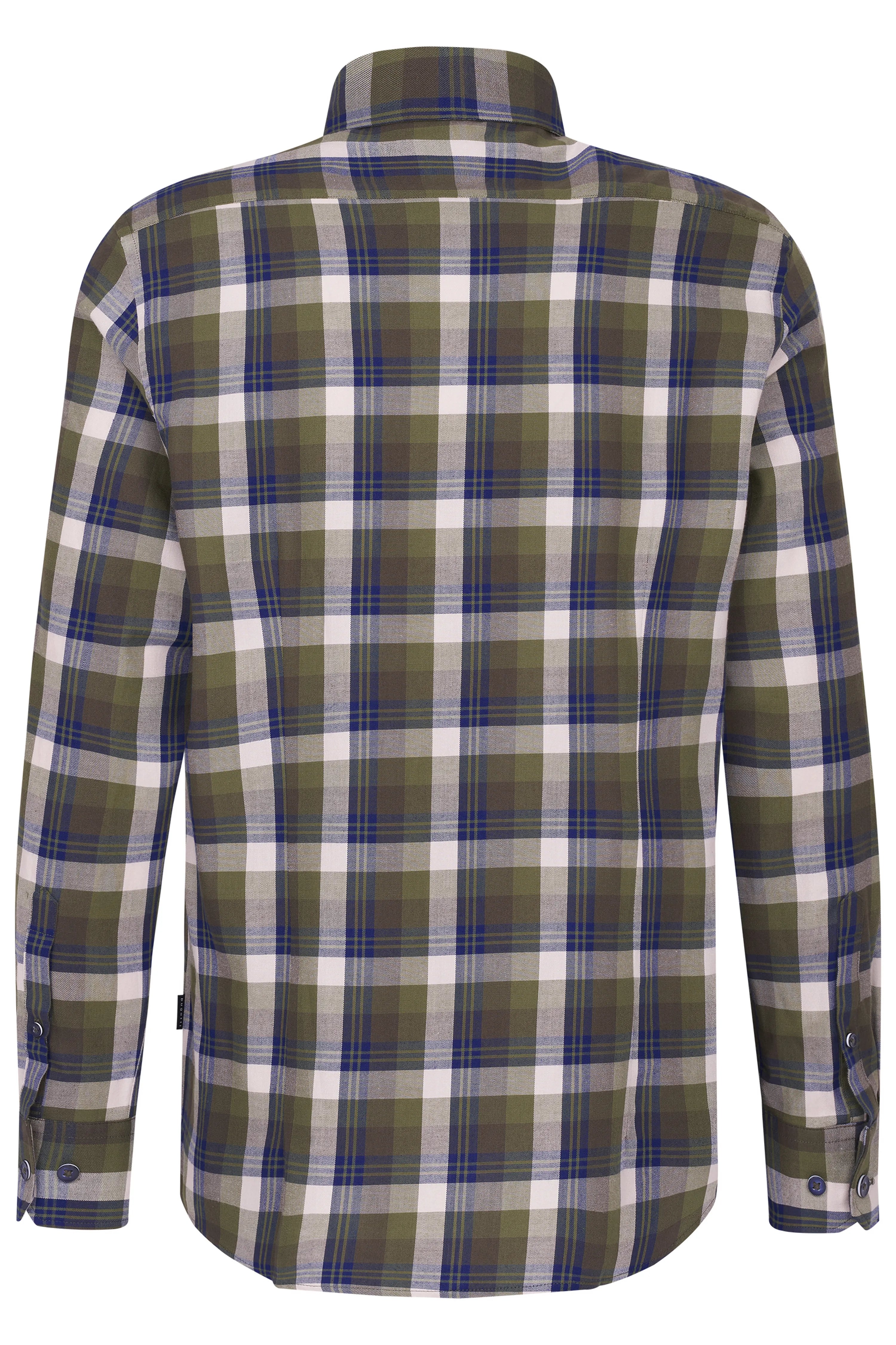 Kariertes bugatti-Hemd in Grün, Blau und Weiß. Büstenbild.