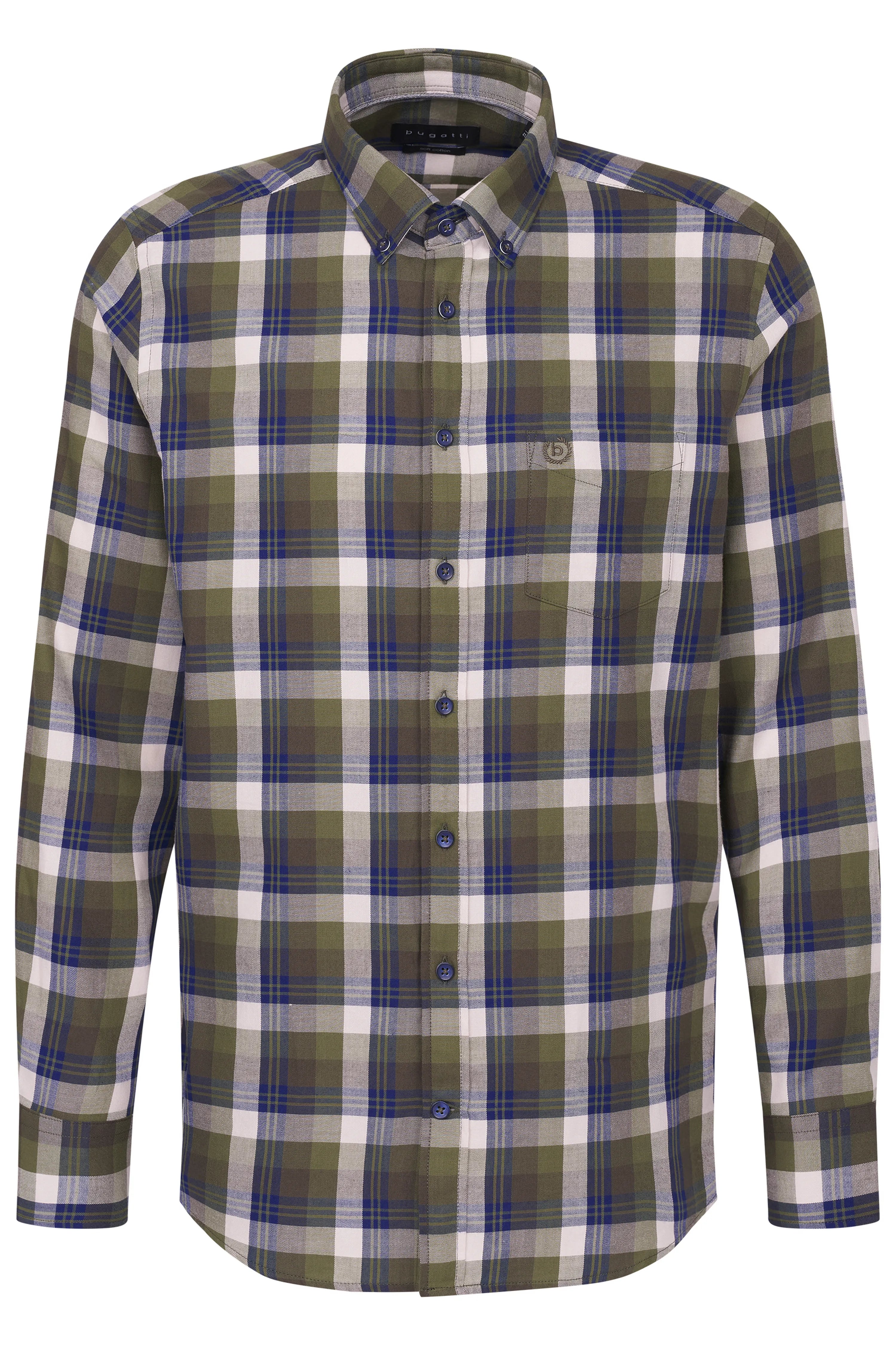 Model in kariertem Hemd in Grün/Blau, olivgrüner Rollkragen, olivfarbene Hose, lässiger Stand.