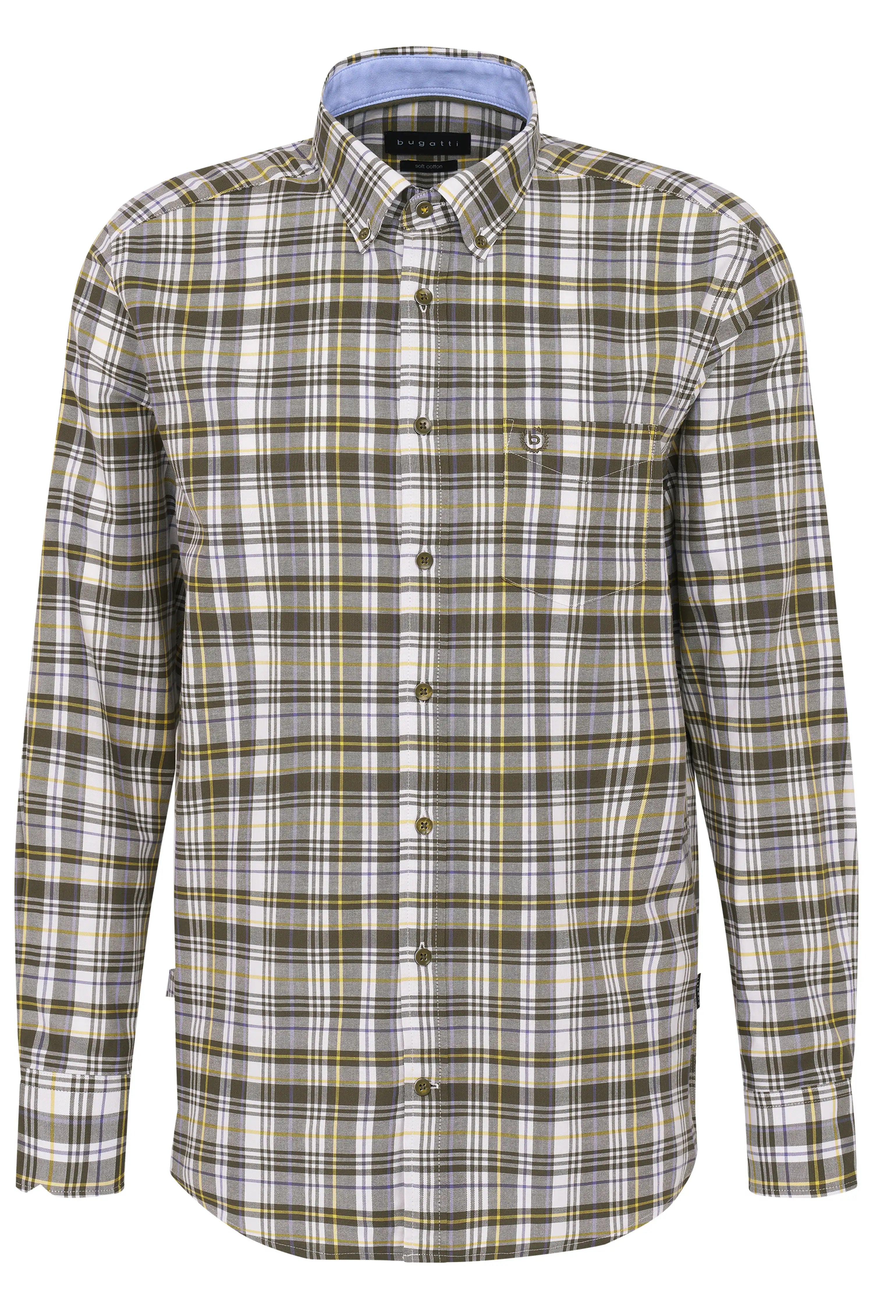 Bugatti kariertes Hemd in Olive, Weiß und Gelb