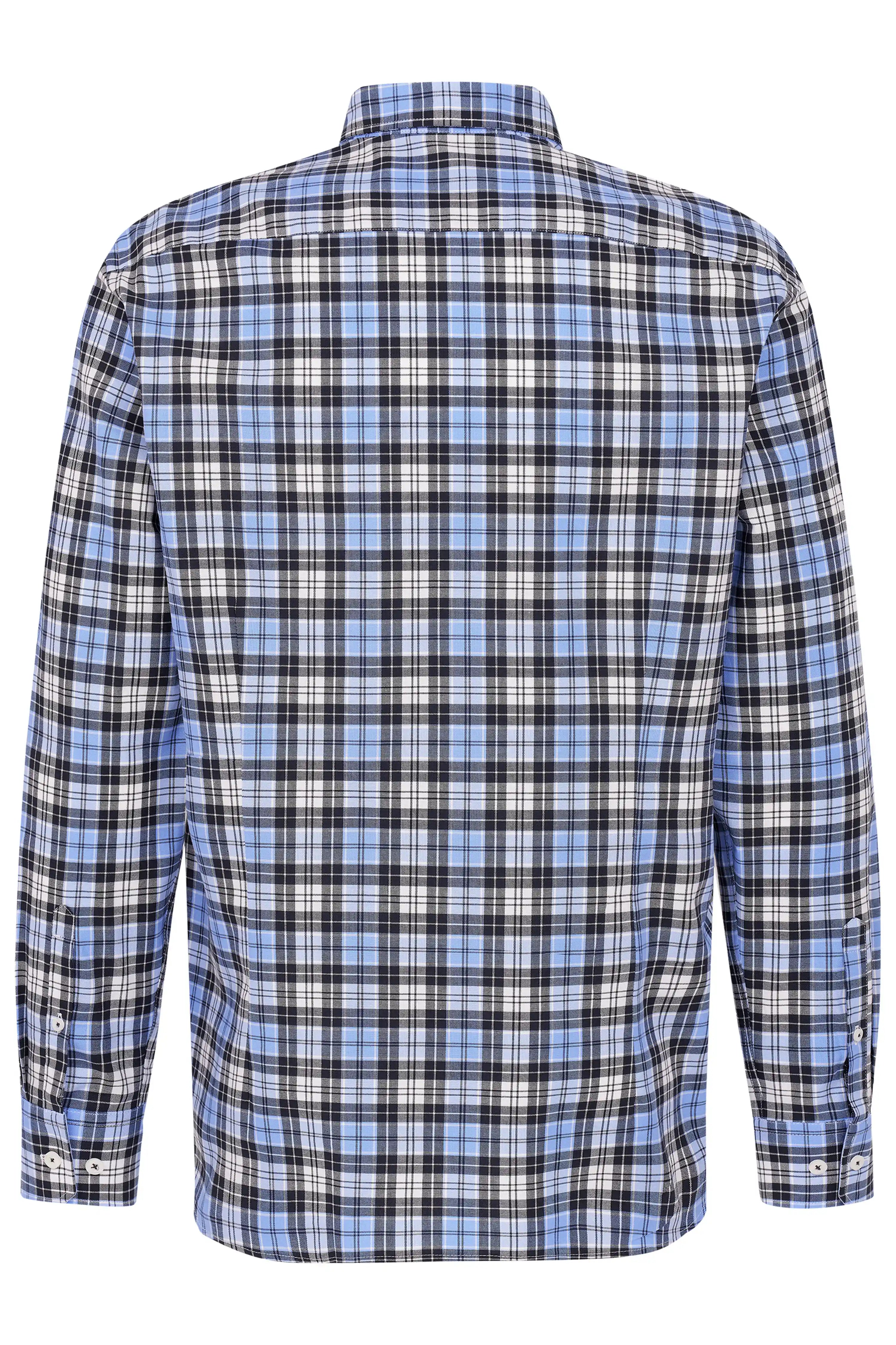 Blue-black checkered long-sleeve shirt, bust view, bugatti style.