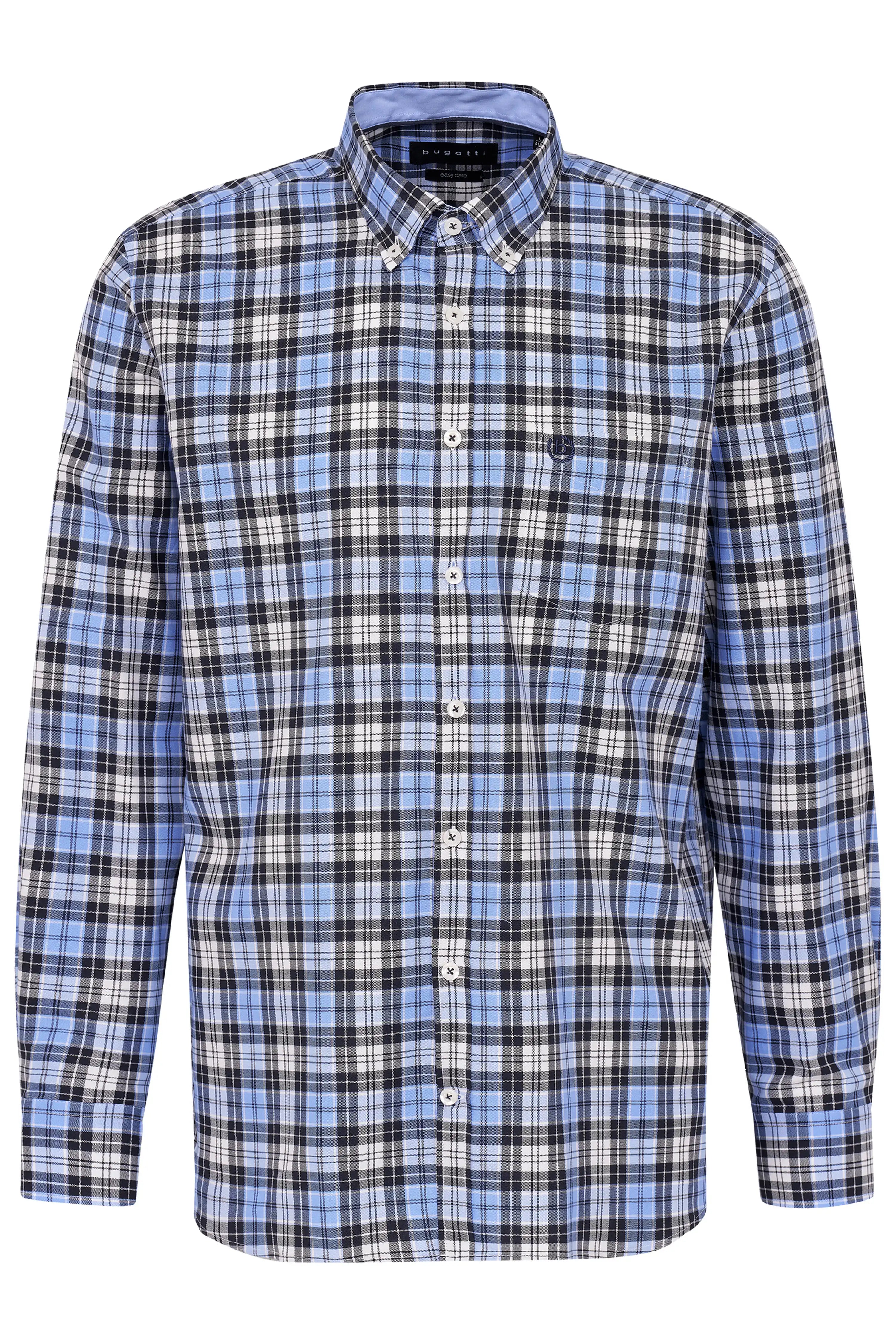 bugatti plaid shirt in blue and black, classic fit, bust view.