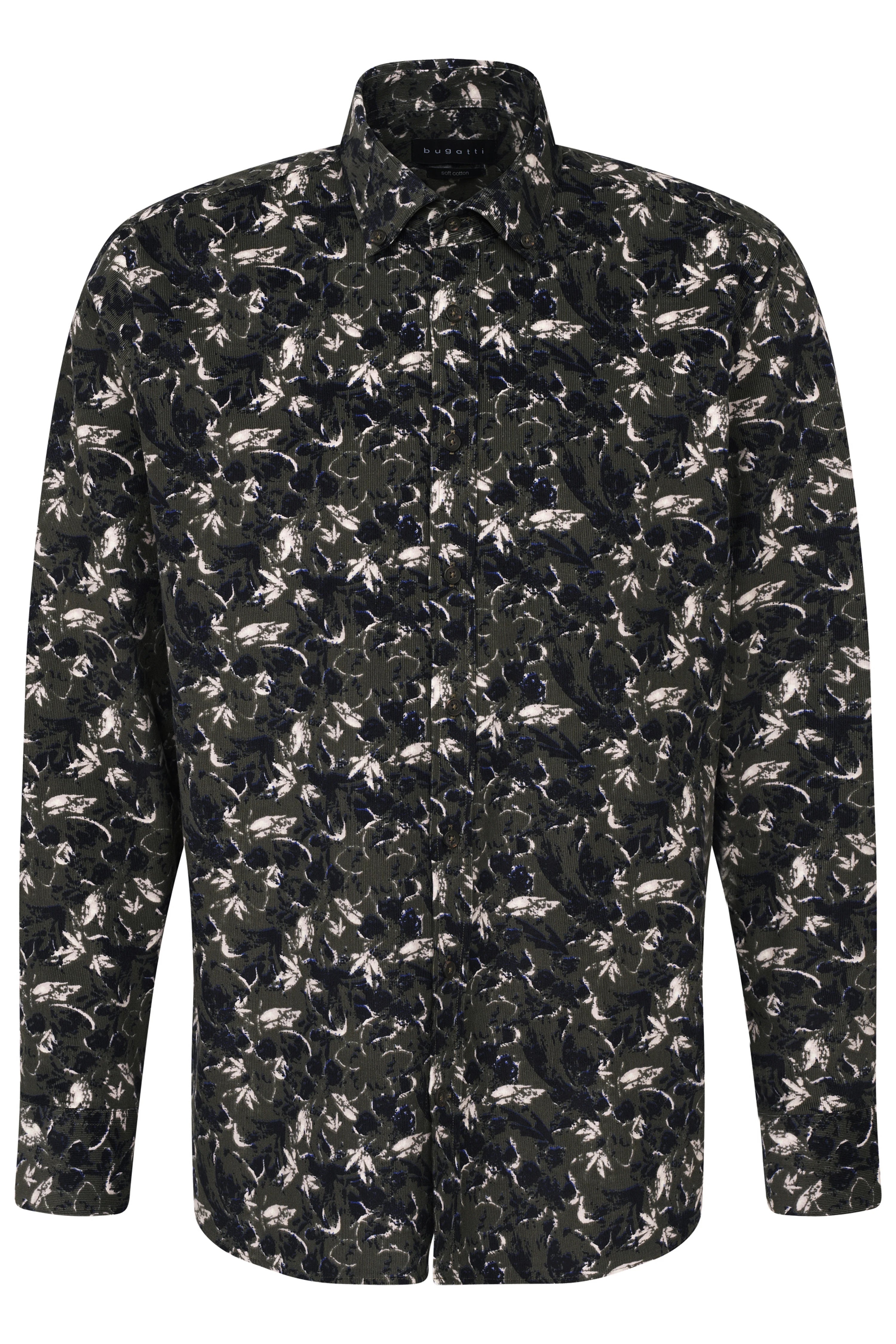 bugatti shirt with black and white floral pattern, portrait view.