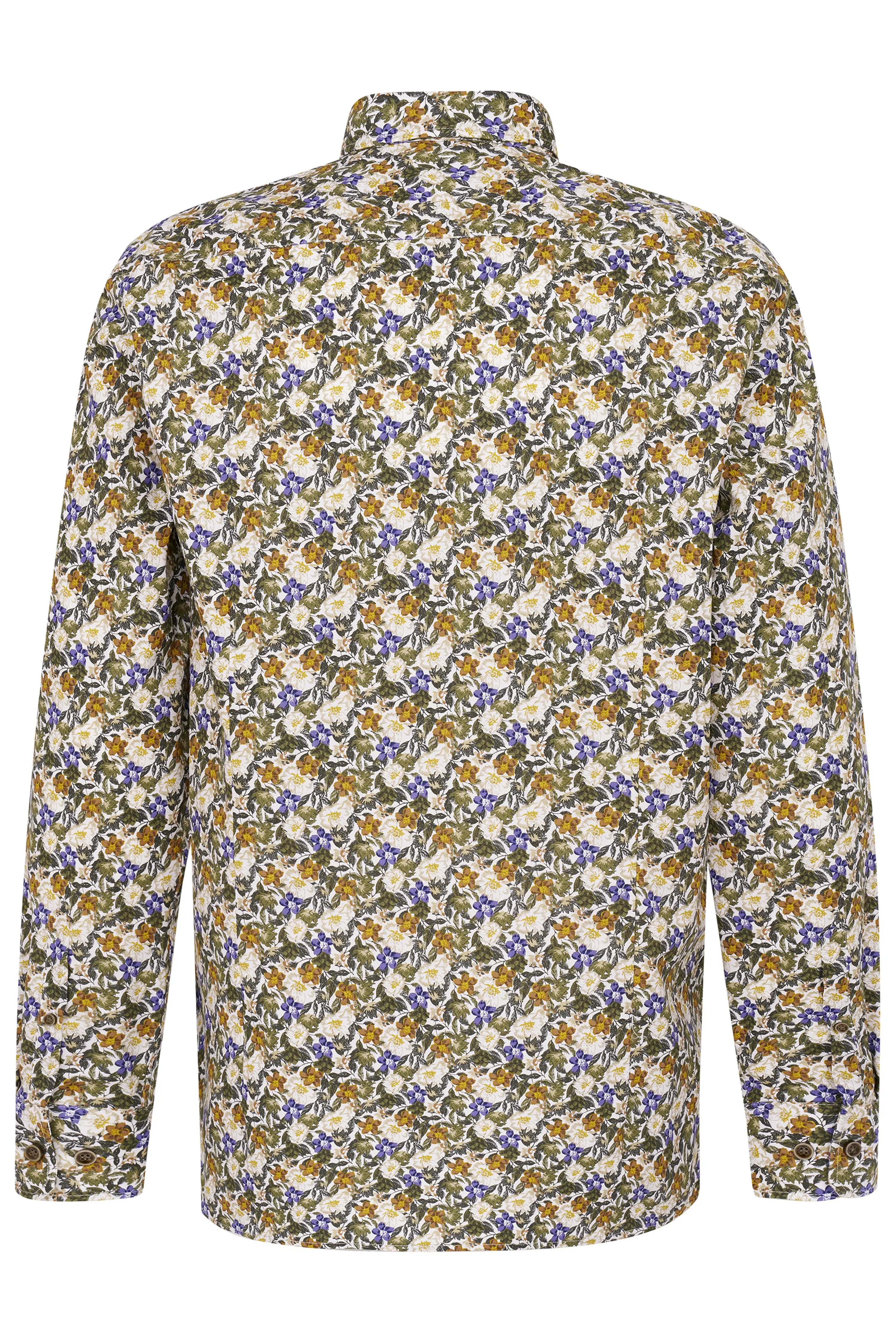 Langärmeliges Hemd von bugatti mit floralem Muster in Grün, Gelb und Blau. Rückenansicht, leger.