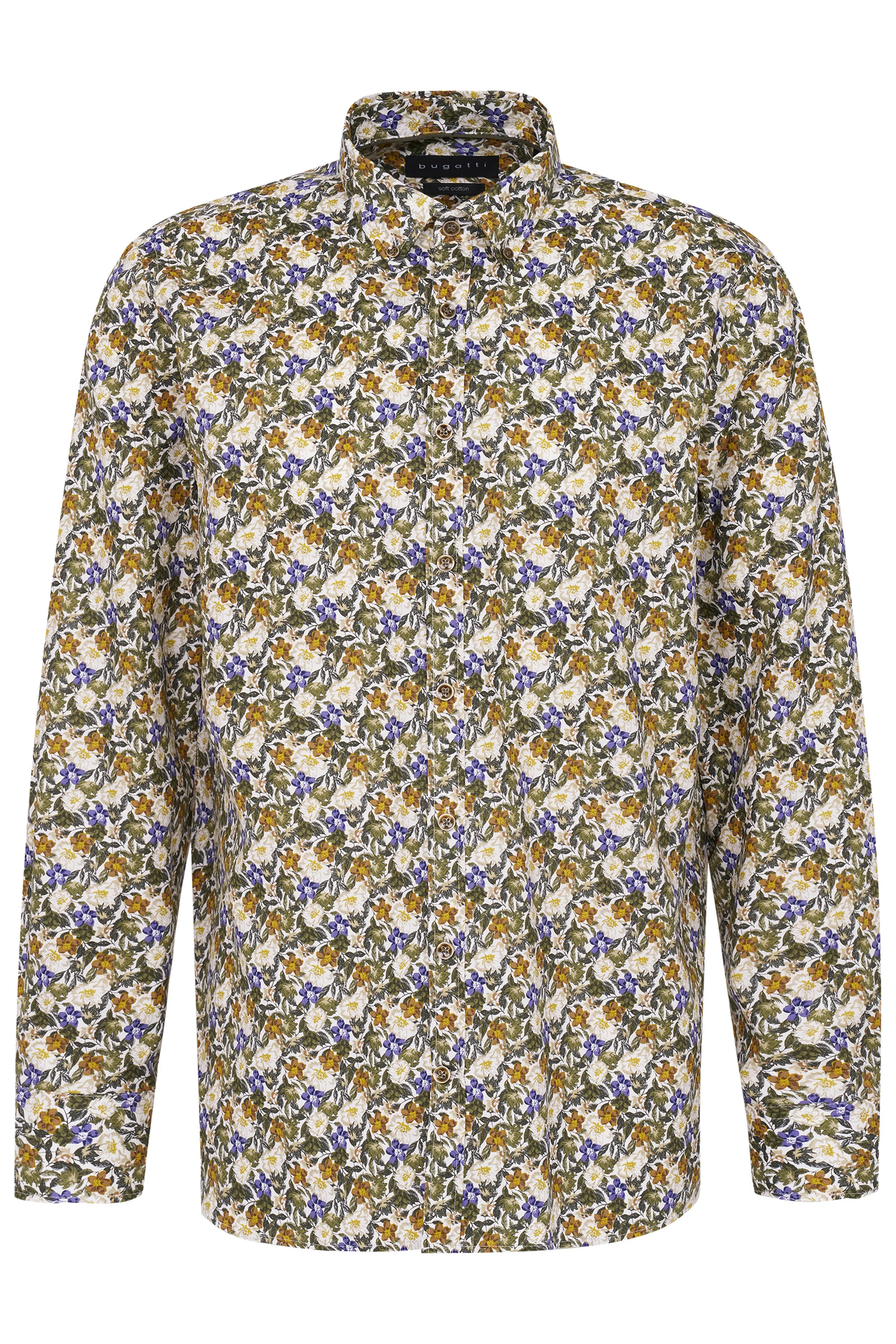 Langarmhemd mit floralen Muster in Grün, Blau und Gelb, Büstenbild, bugatti Stil.