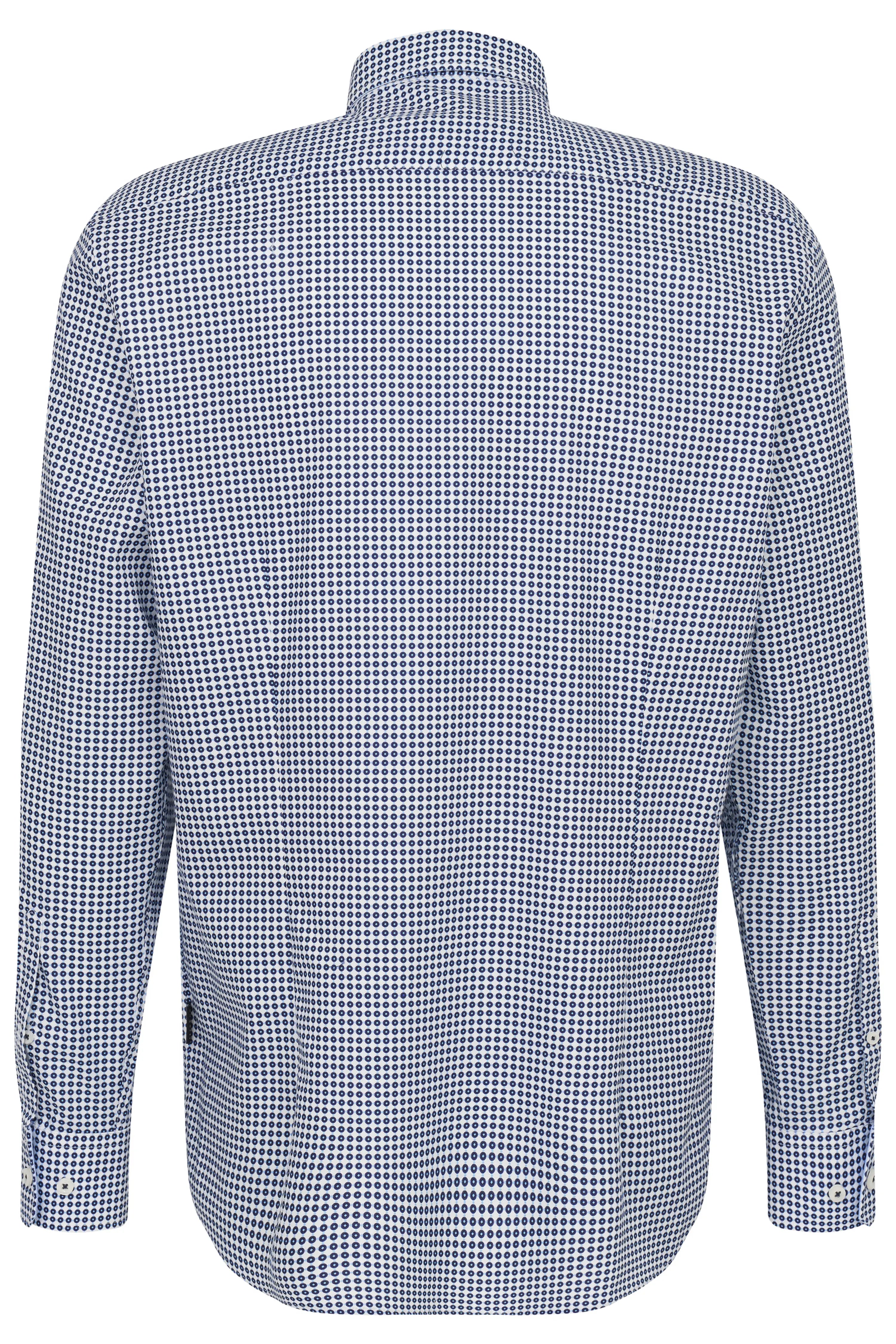 Blue-white bugatti shirt with circle pattern, back view, casual style.