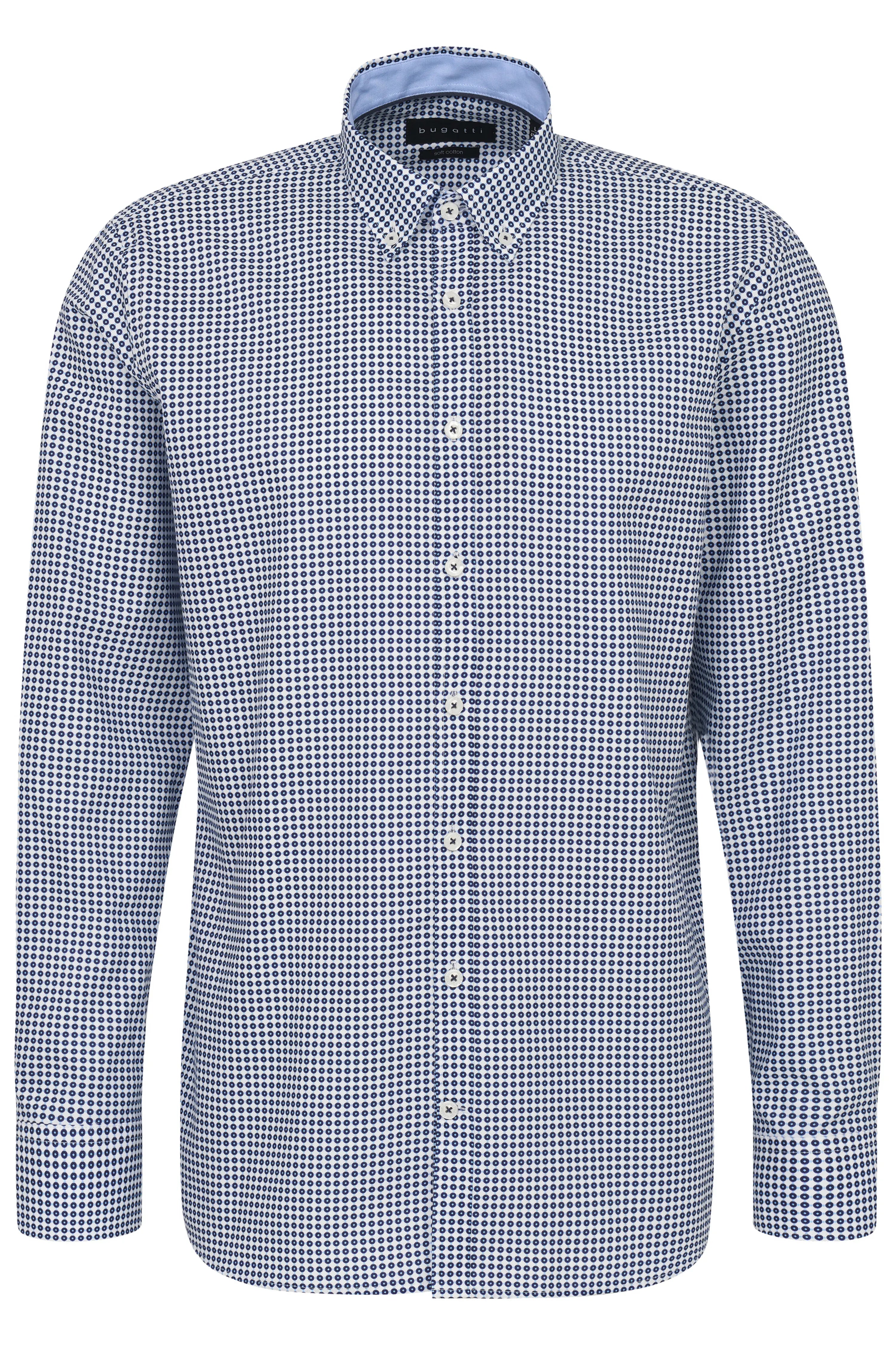 bugatti men's shirt, blue-white pattern, bust image, stylish and modern.