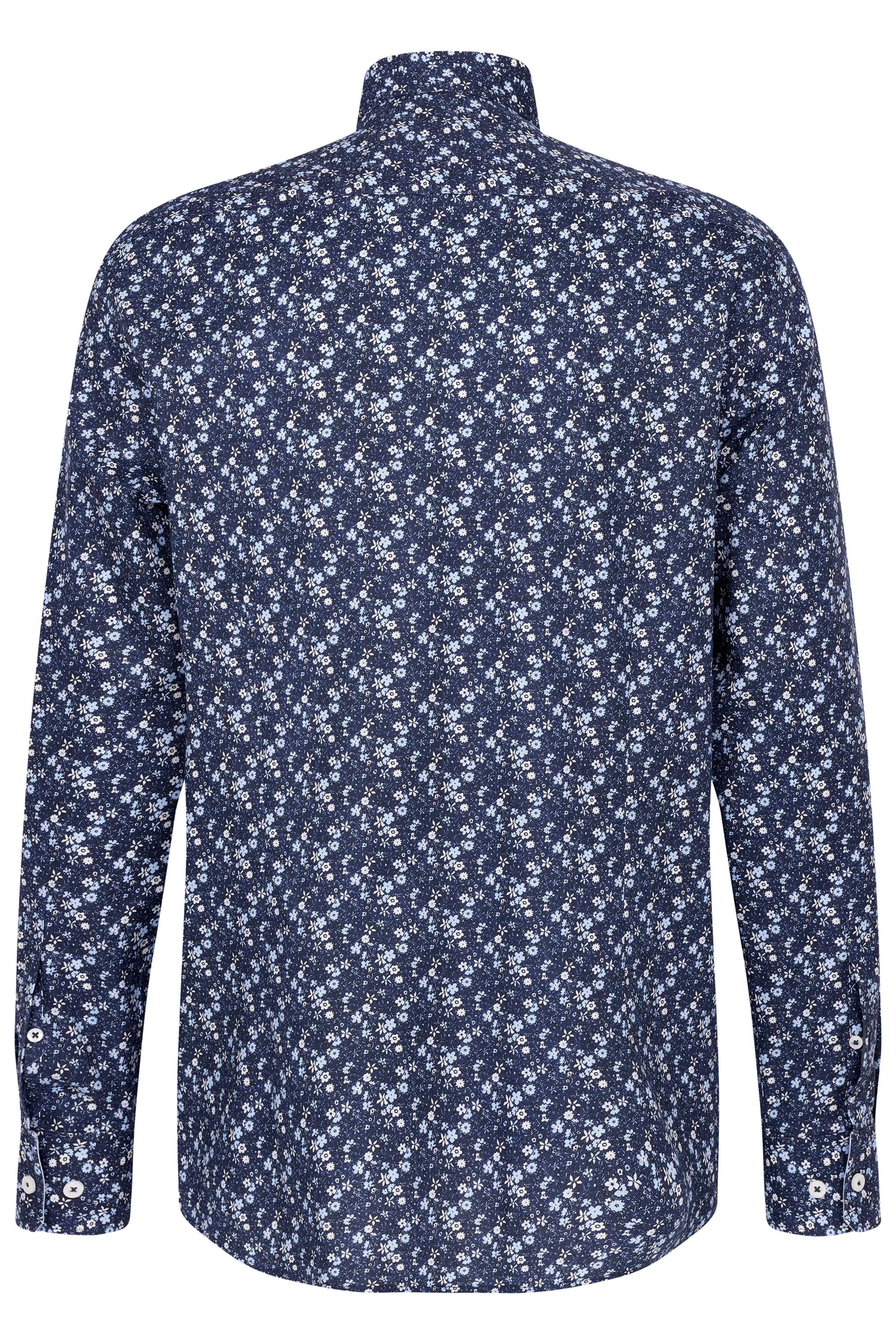 Blaues bugatti-Hemd mit floralem Muster, Büstenbild, rückseitige Ansicht.