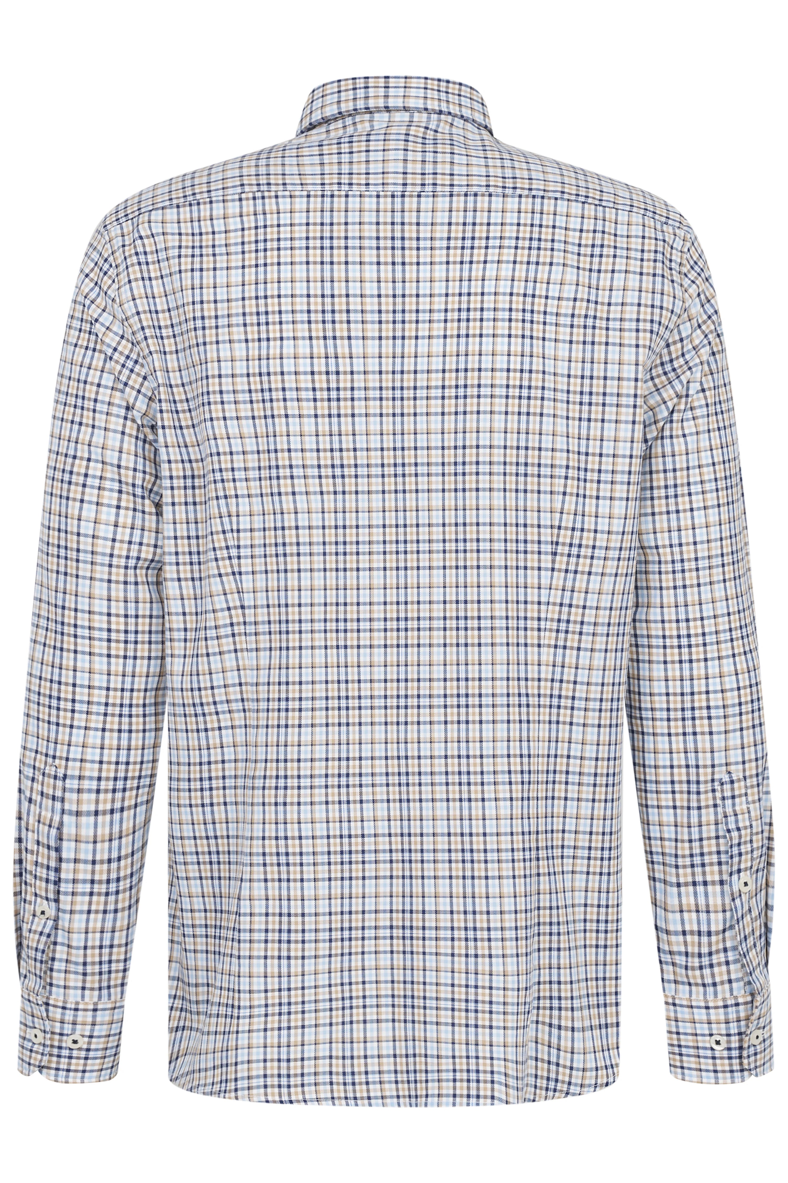 Geruit bugatti-overhemd in blauw en beige, achterkant, casual stijl, hoogwaardige materialen.