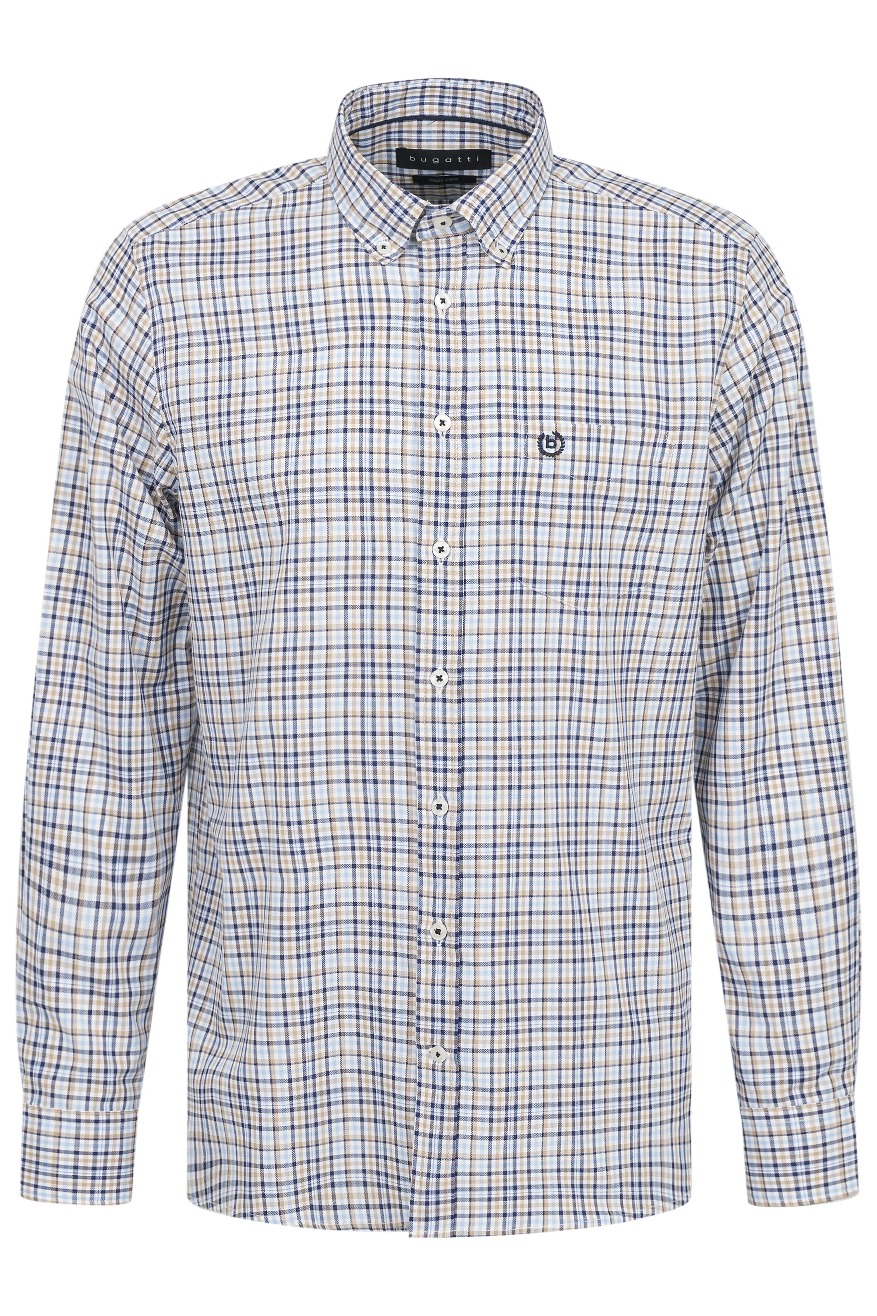 Bugatti kariertes Hemd in Blau und Beige, Büstenbild, klassisches Design.