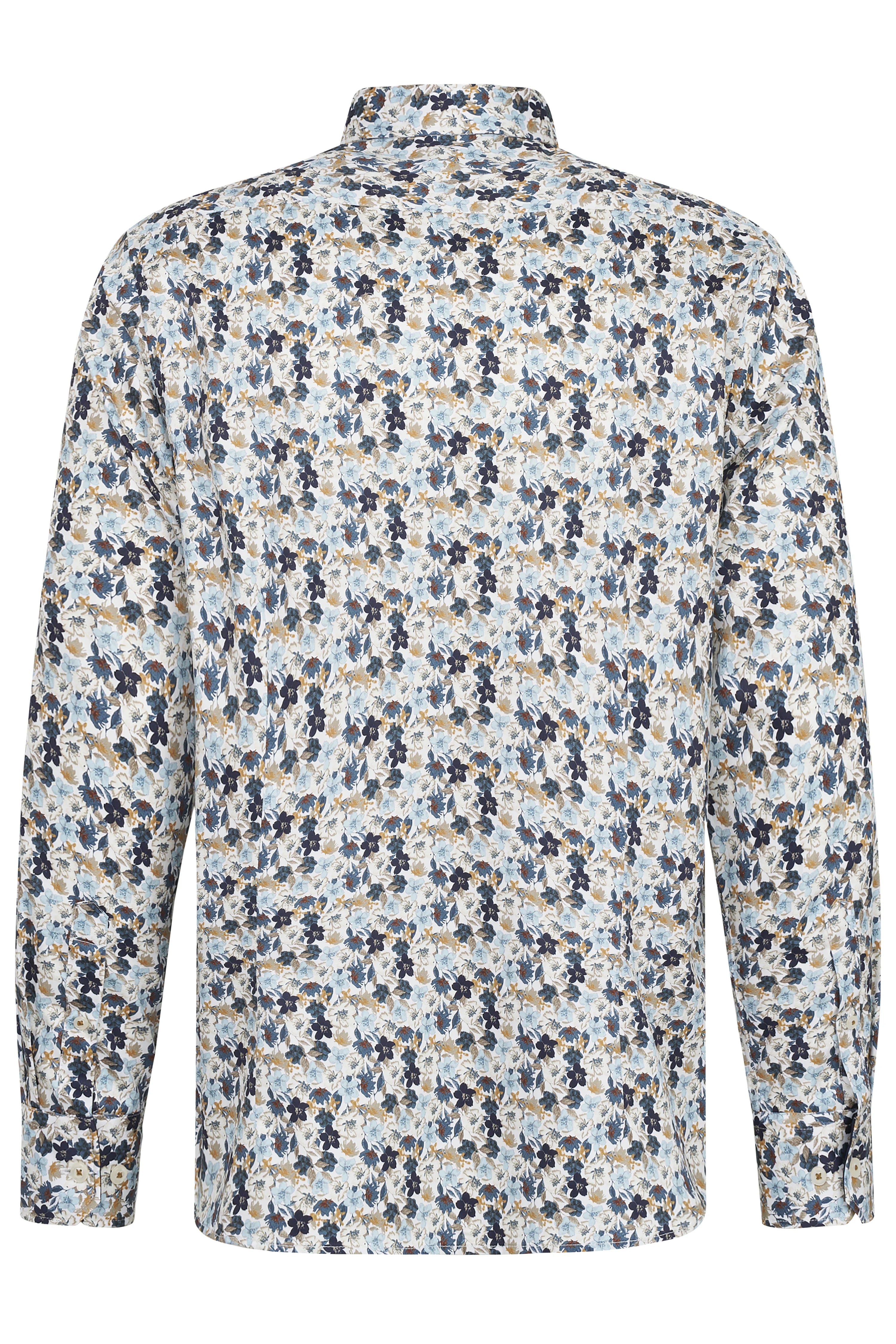Blauw-wit bugatti overhemd met bloemenpatroon, achteraanzicht, casual gepresenteerd.