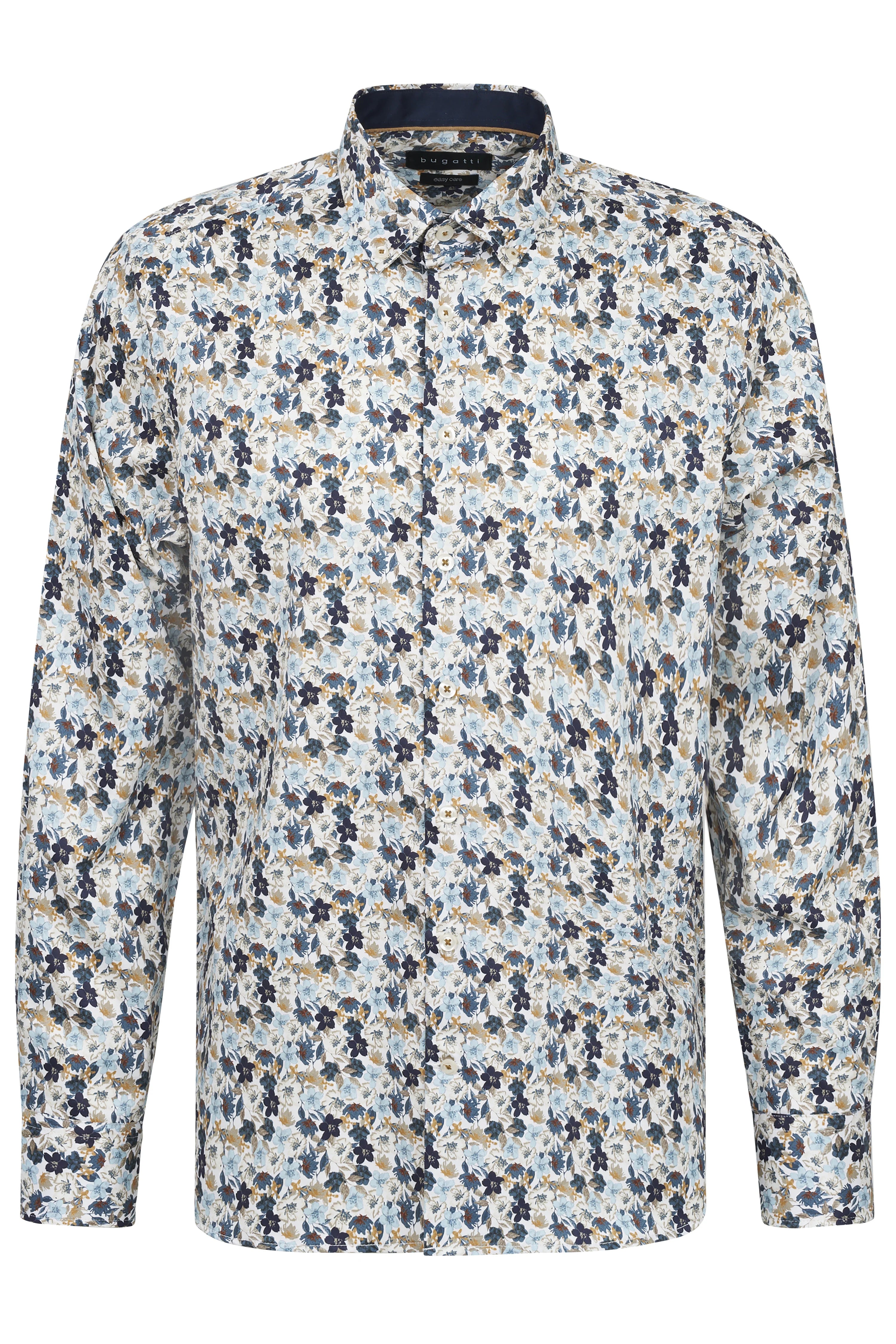 Blumenmuster-Hemd in Blau und Beige von bugatti, legeres Büstenbild, stilvoll und hochwertig.