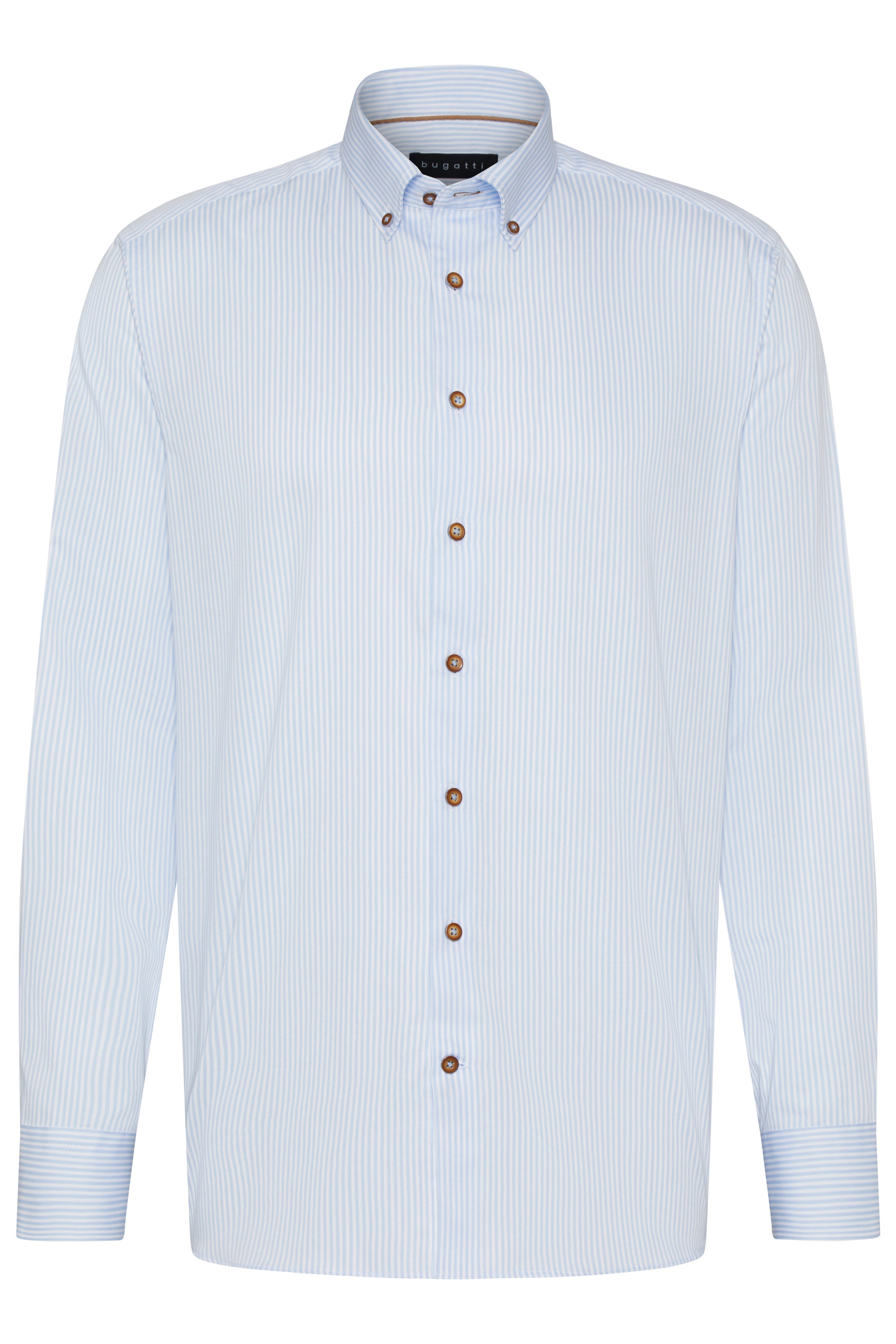 Striped light blue bugatti shirt, bust view.