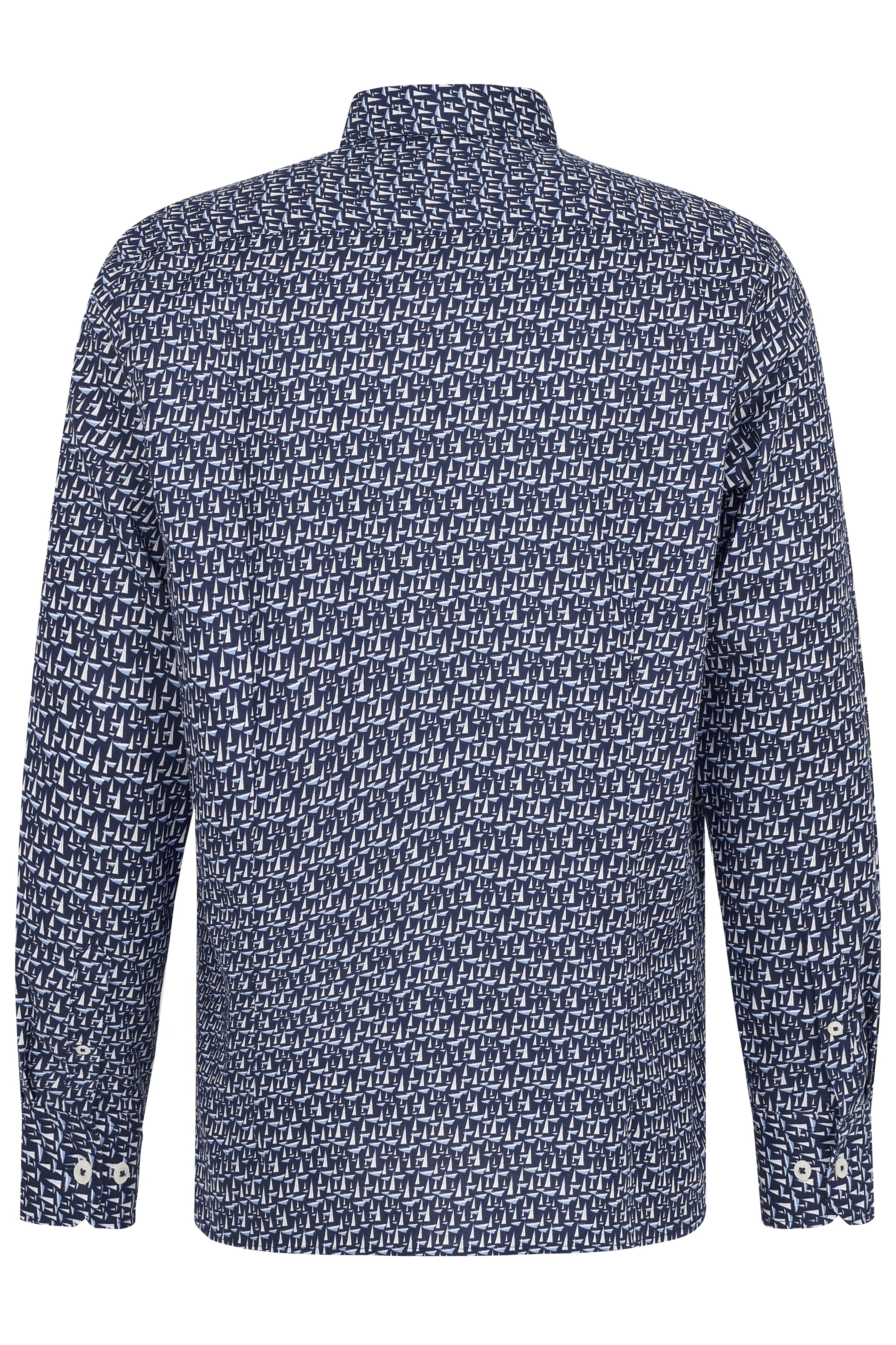 Langarmhemd von bugatti mit blau-weißem Muster, Rückansicht.