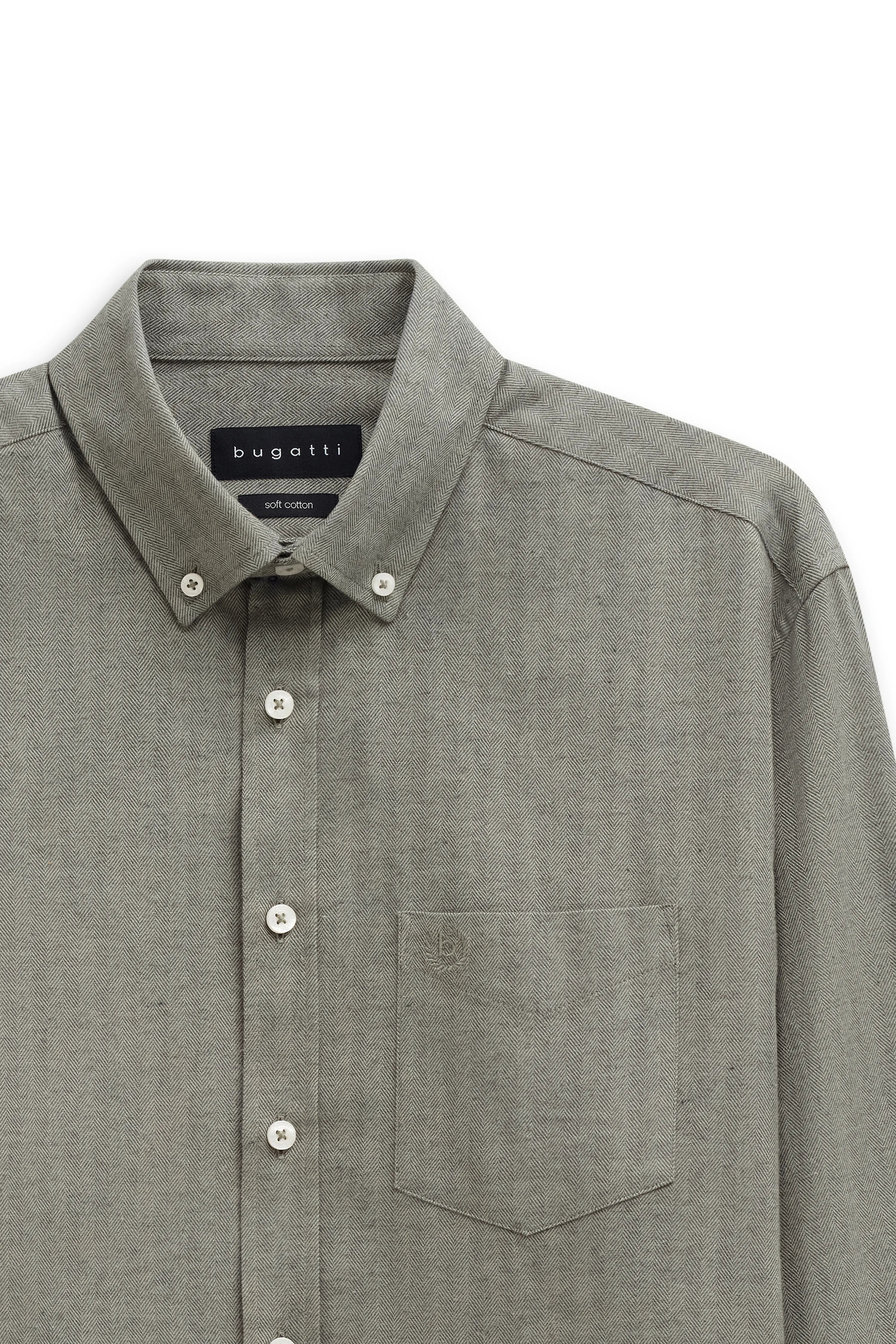 bugatti men's shirt, grey herringbone, portrait, soft cotton, style and quality.