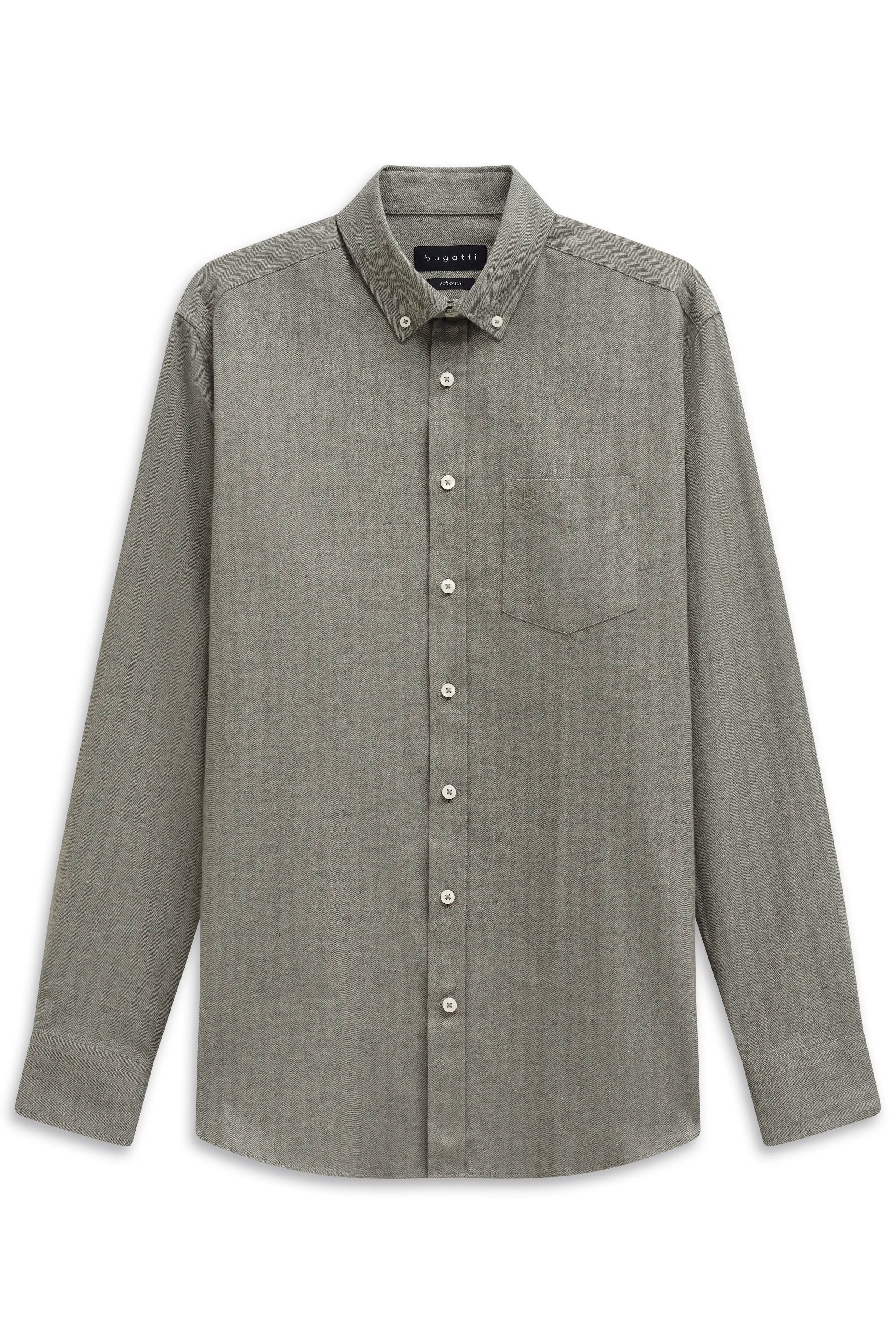 Grey bugatti shirt with button placket, chest pocket, casual bust image.