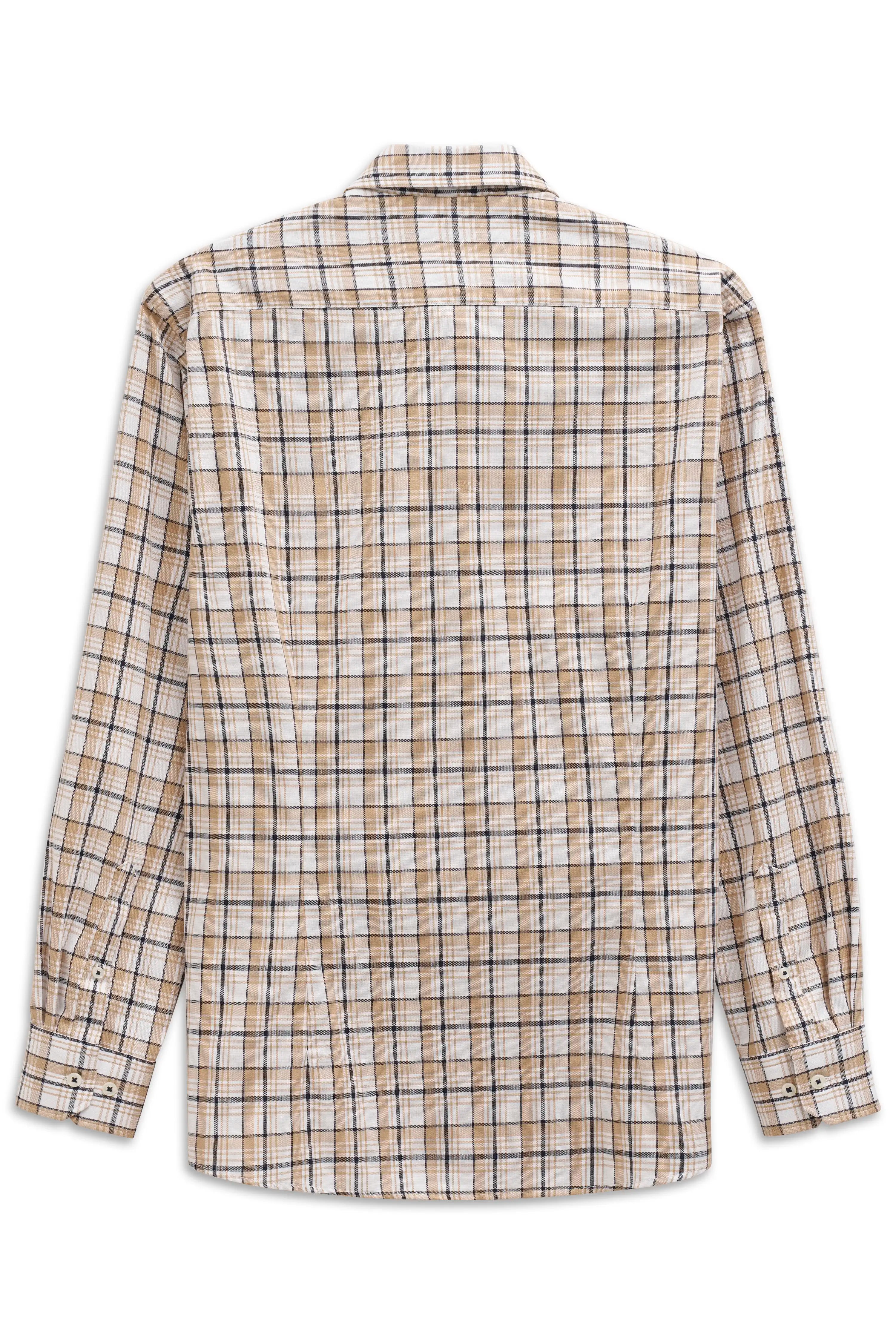 Checked men's shirt in beige and blue, bust view. Premium style by bugatti.