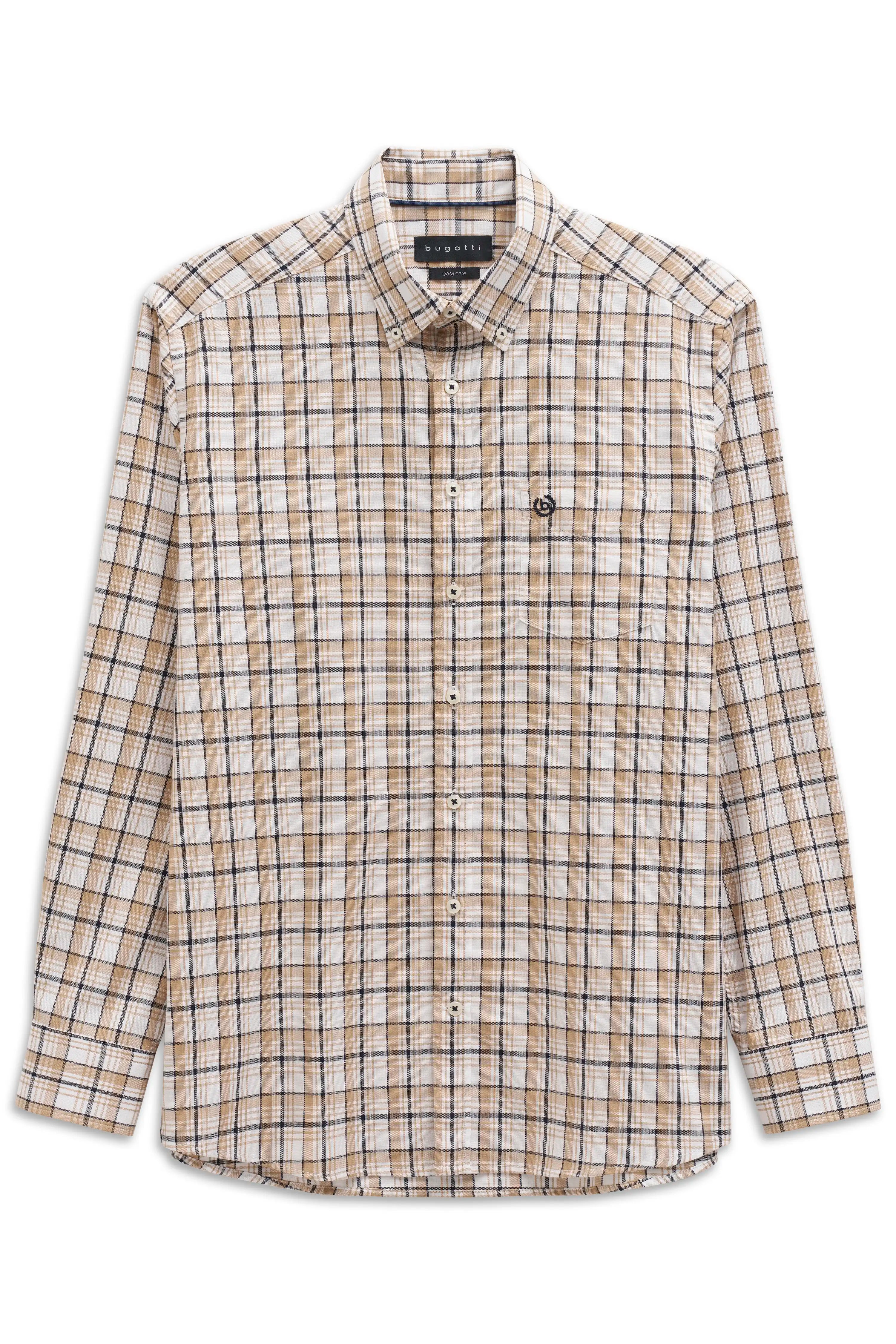 Plaid bugatti men's shirt in beige, white, and dark blue, bust view, classic elegance.