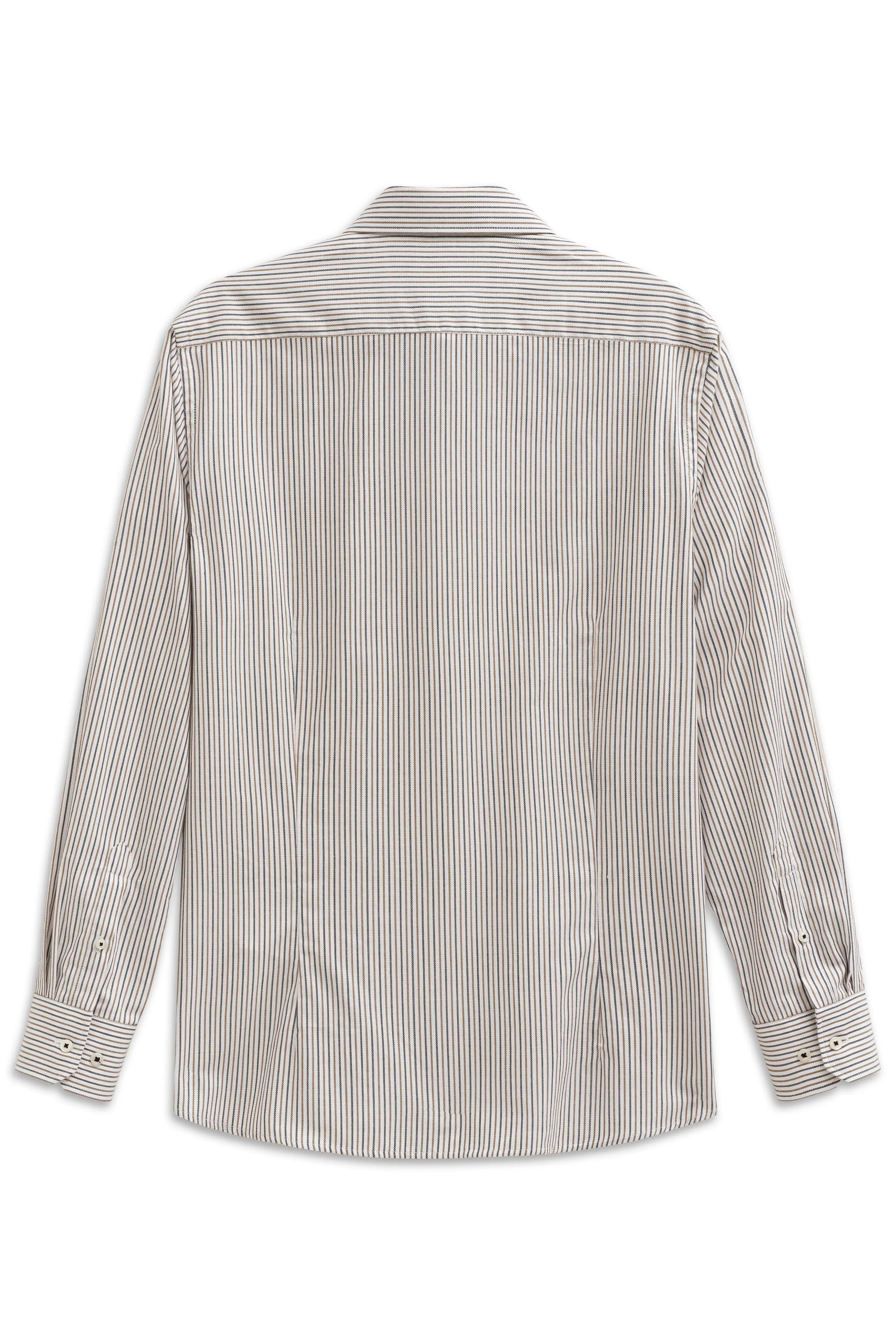 bugatti striped shirt, beige and white, back view, bust, long sleeves, elegant design.