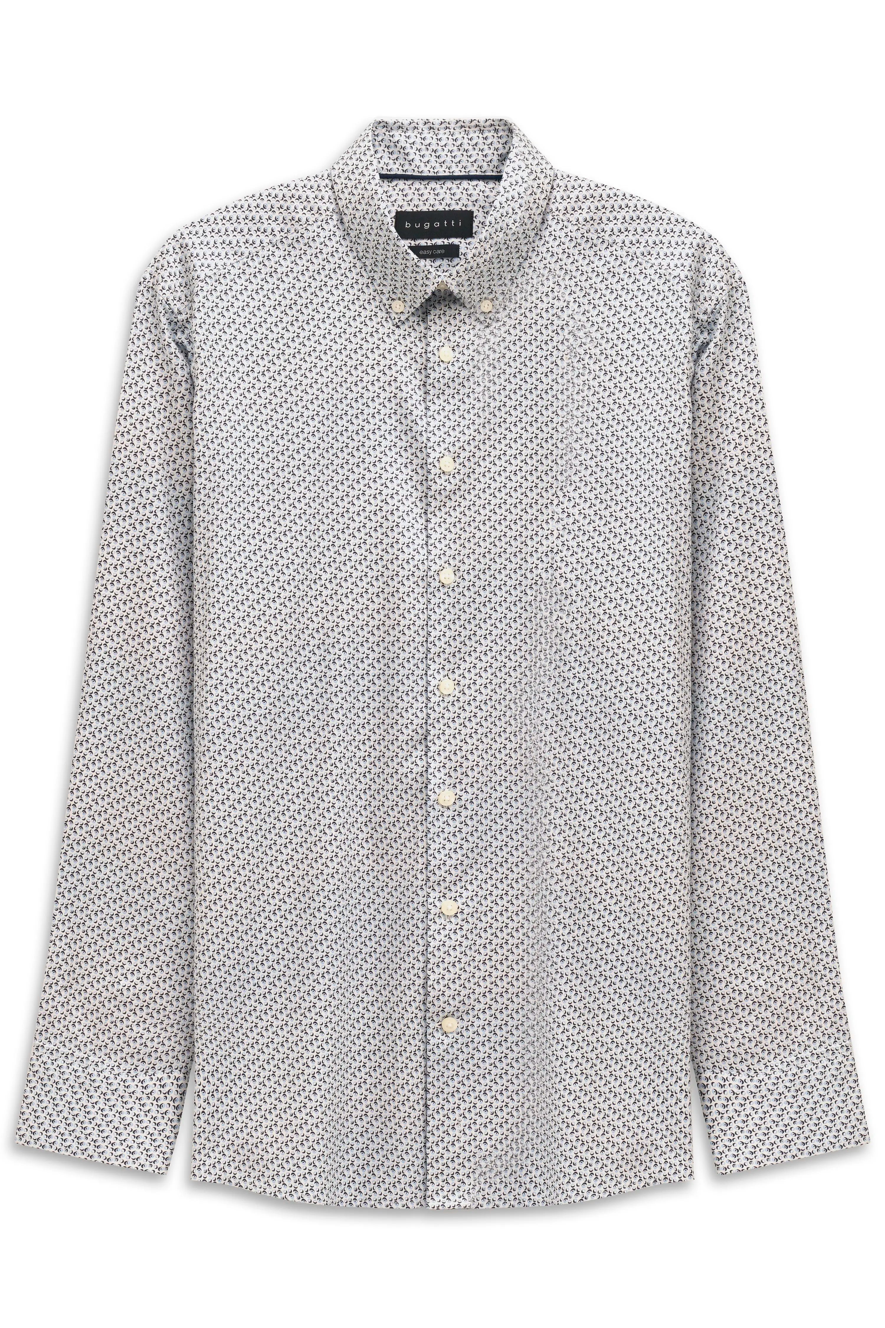 bugatti shirt with fine white and blue pattern, casual bust image, elegant button placket.