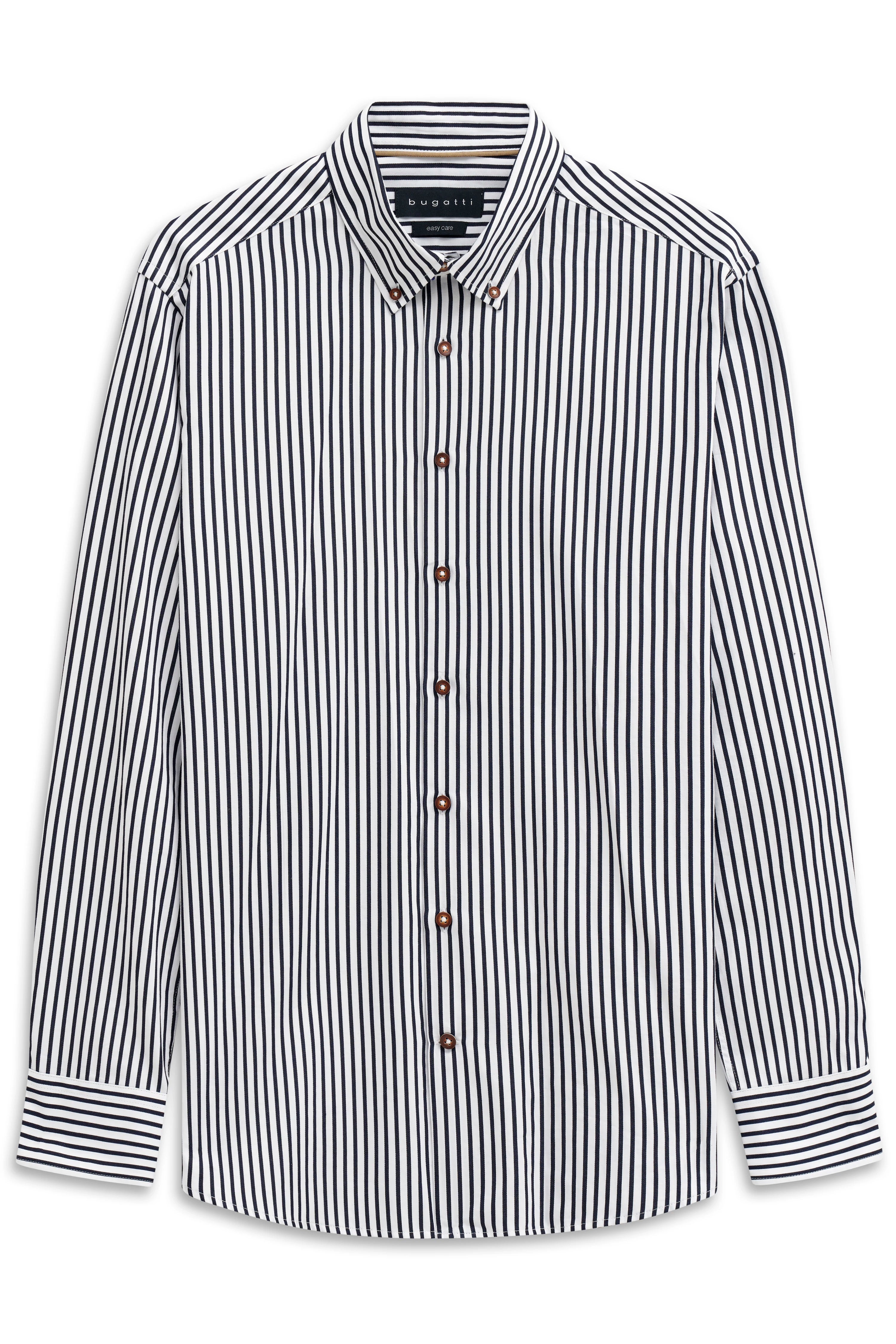 bugatti shirt, black-white striped, bust view, elegant buttons, classic style.