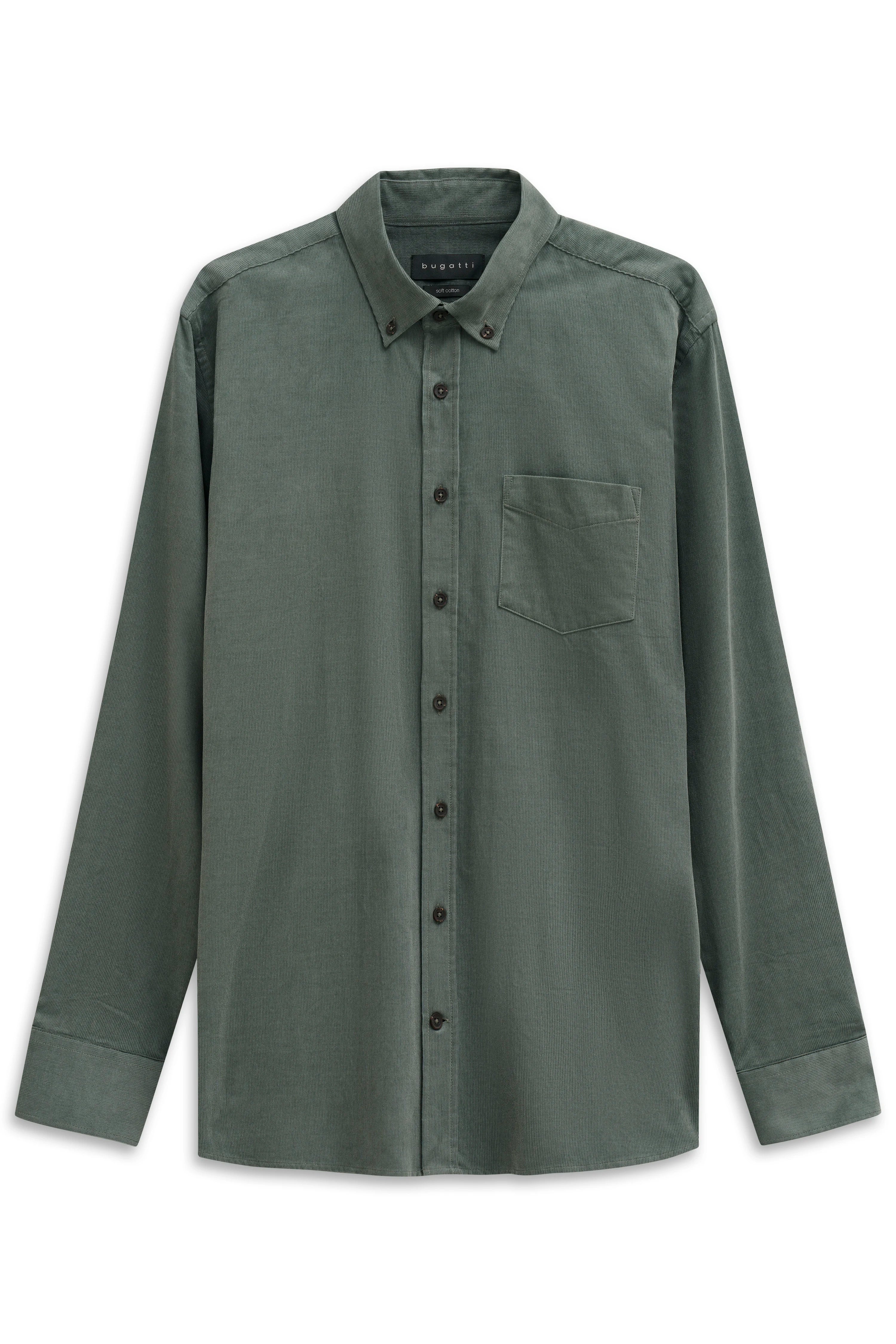 Green bugatti men's long-sleeve shirt, classic collar, bust view.