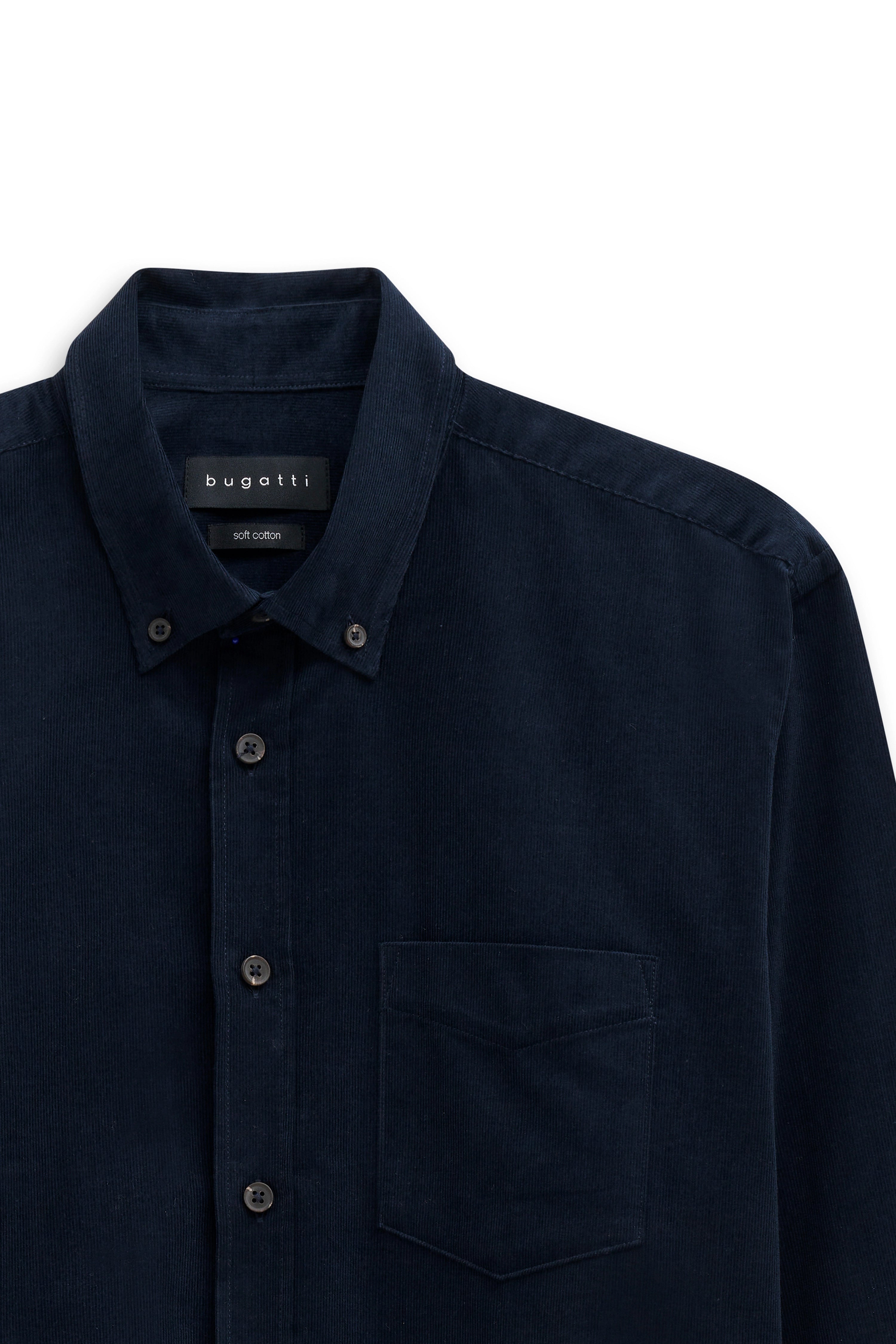 Dark blue bugatti shirt, soft cotton, bust view, elegant design with button placket and chest pocket.