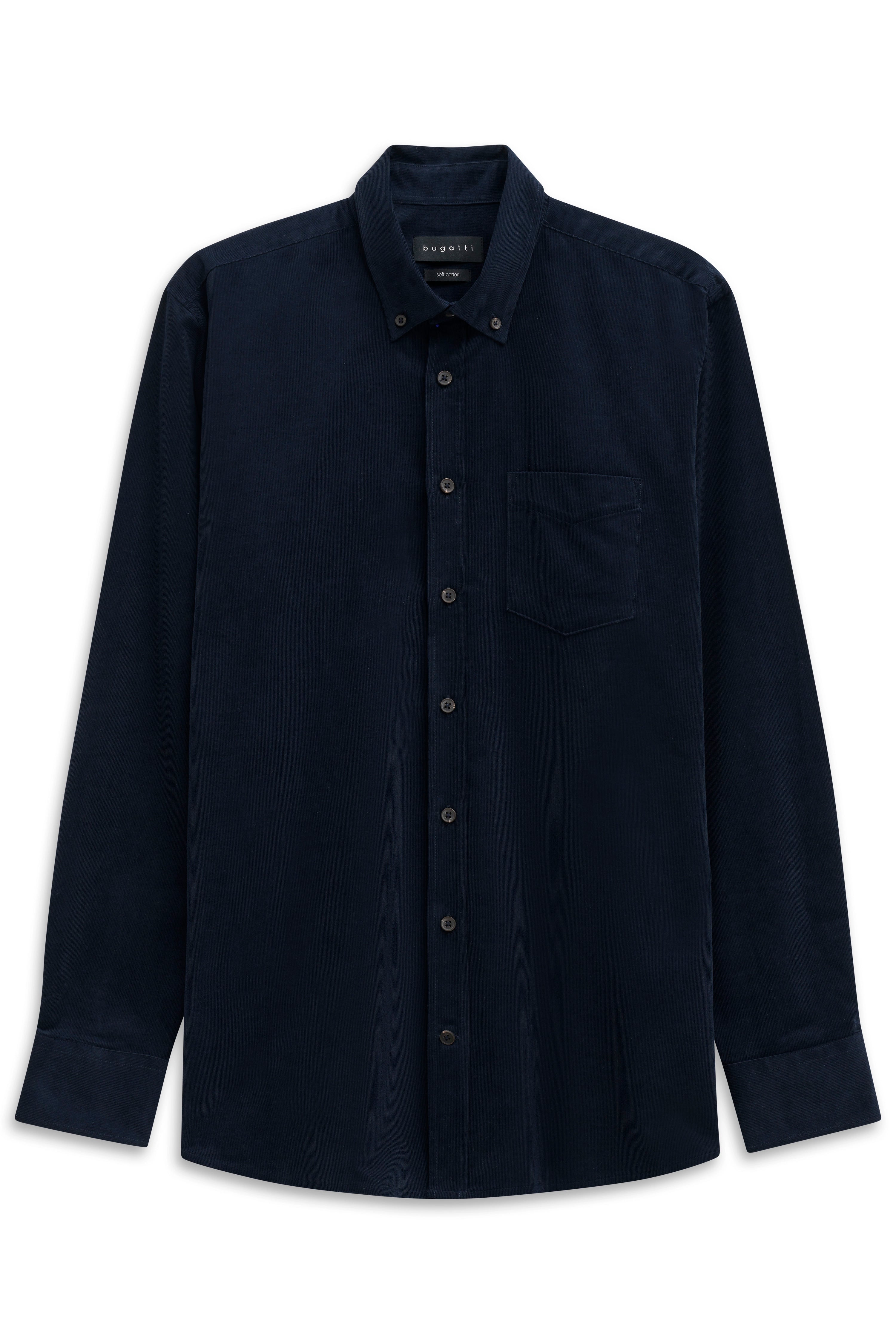 bugatti men's shirt, dark blue, button-down, chest pocket, casual bust style.