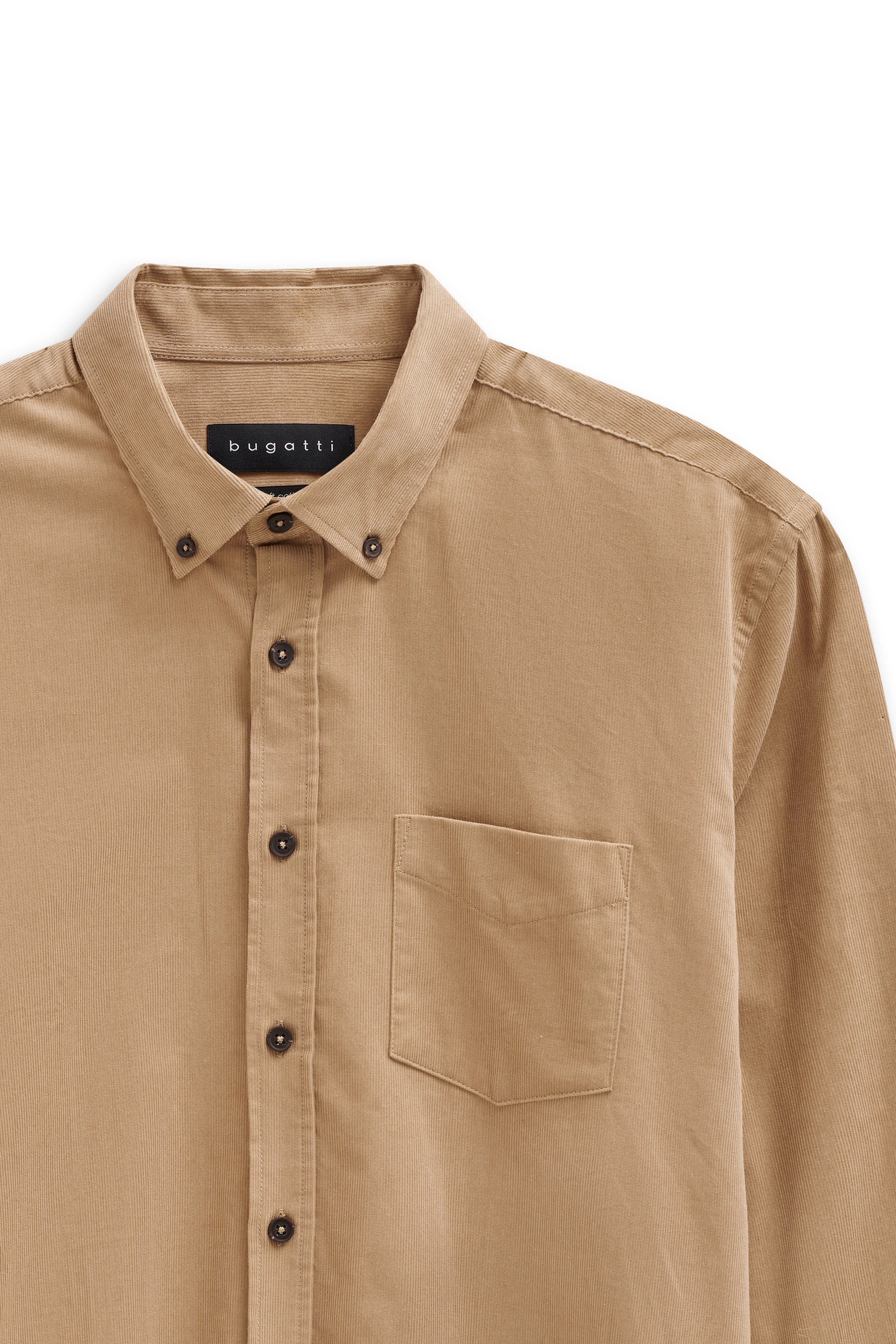 Beige bugatti shirt, bust view, elegant style, excellent fit, button details, timeless beauty.