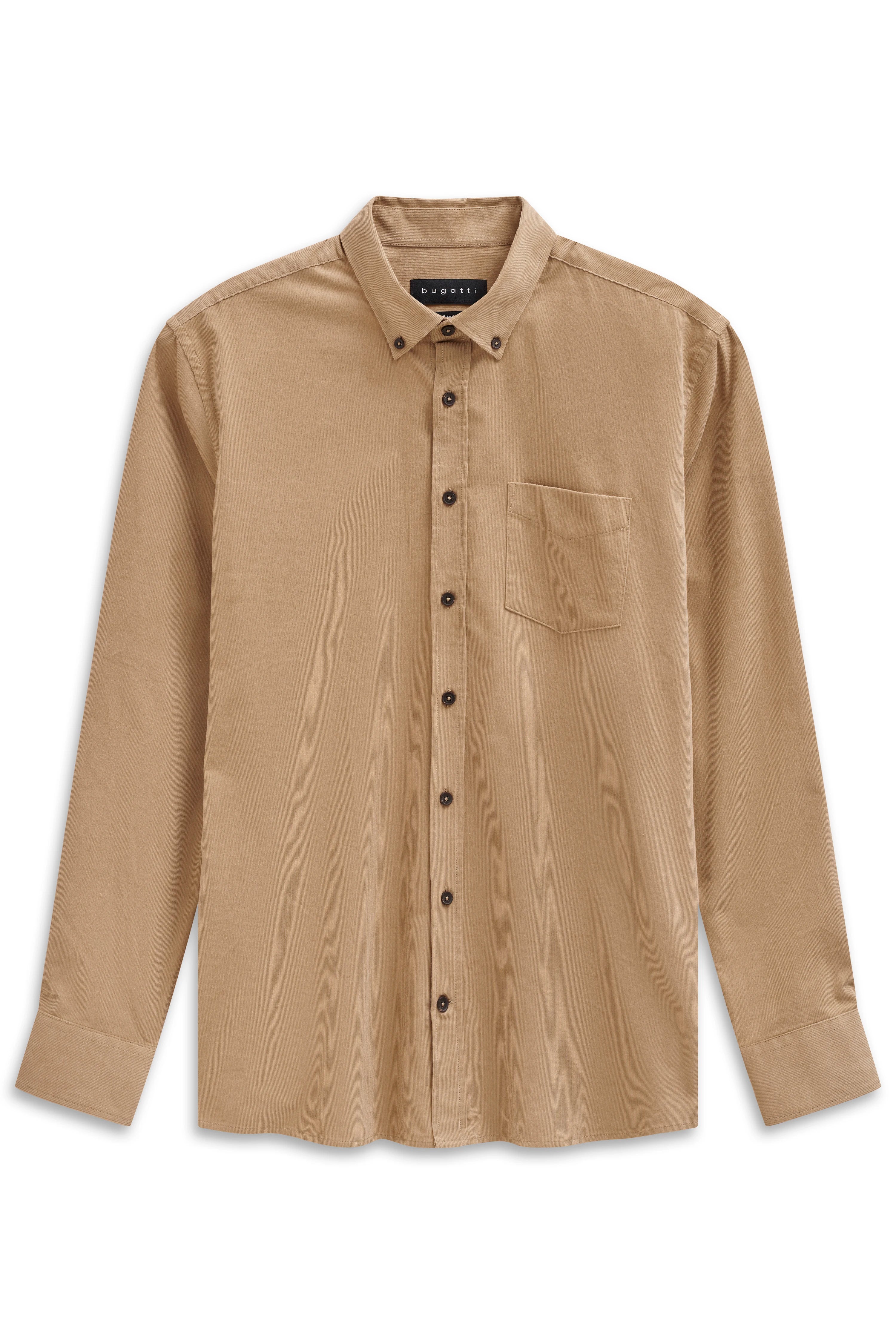 bugatti men's beige shirt, bust view, classic style with button placket and chest pocket.