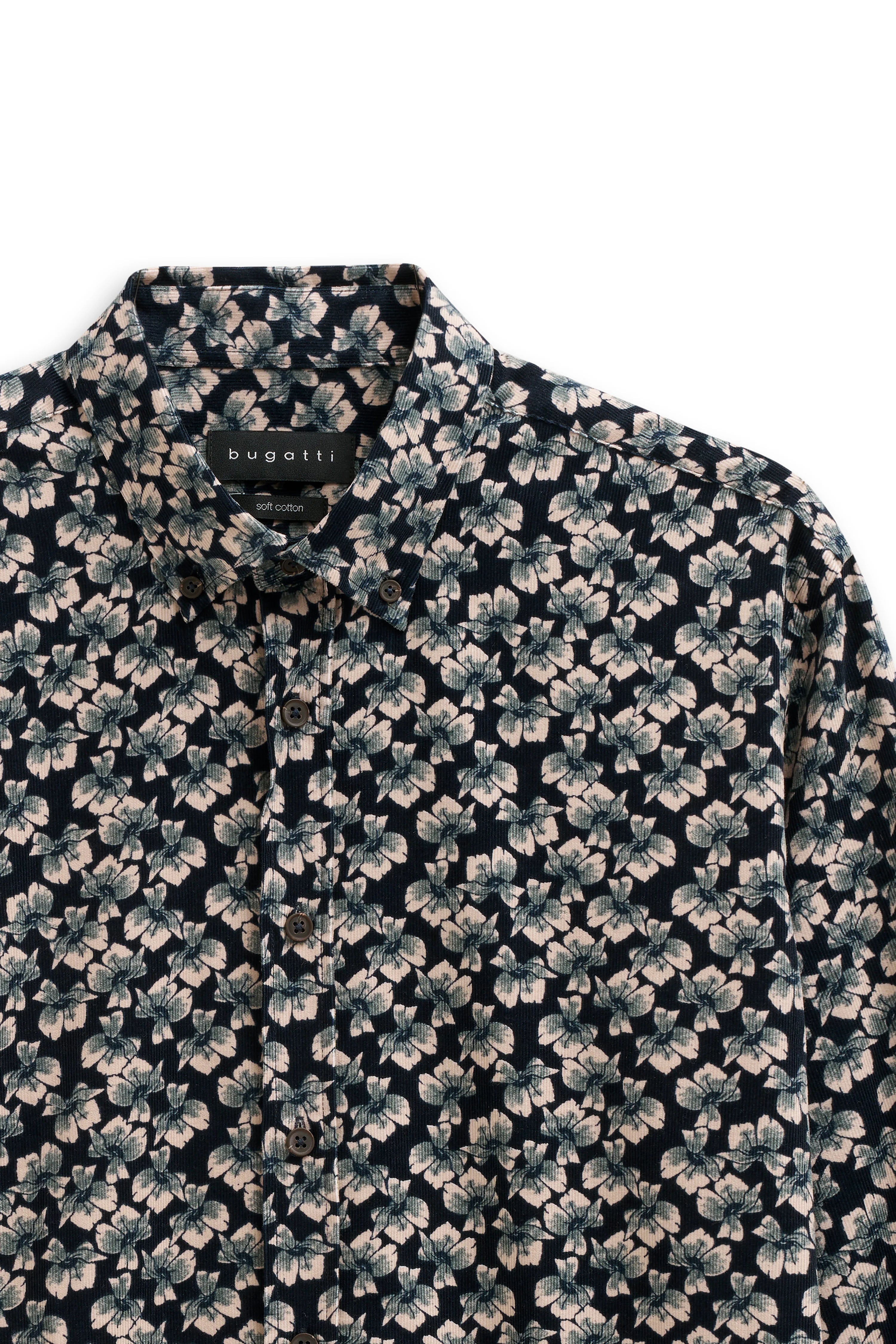 bugatti shirt, dark blue with floral pattern, bust shot.