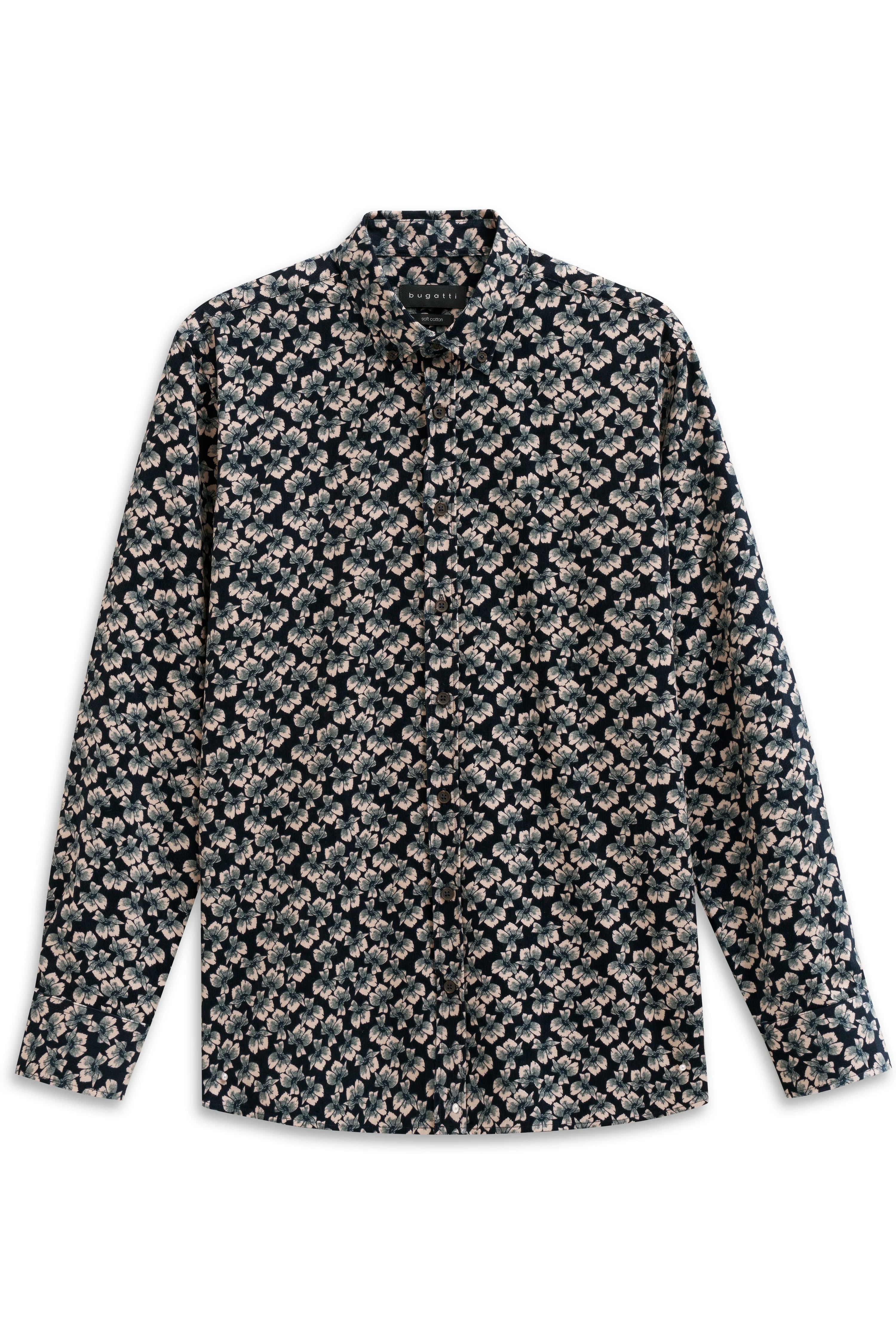bugatti shirt with floral pattern in black and beige, bust view.