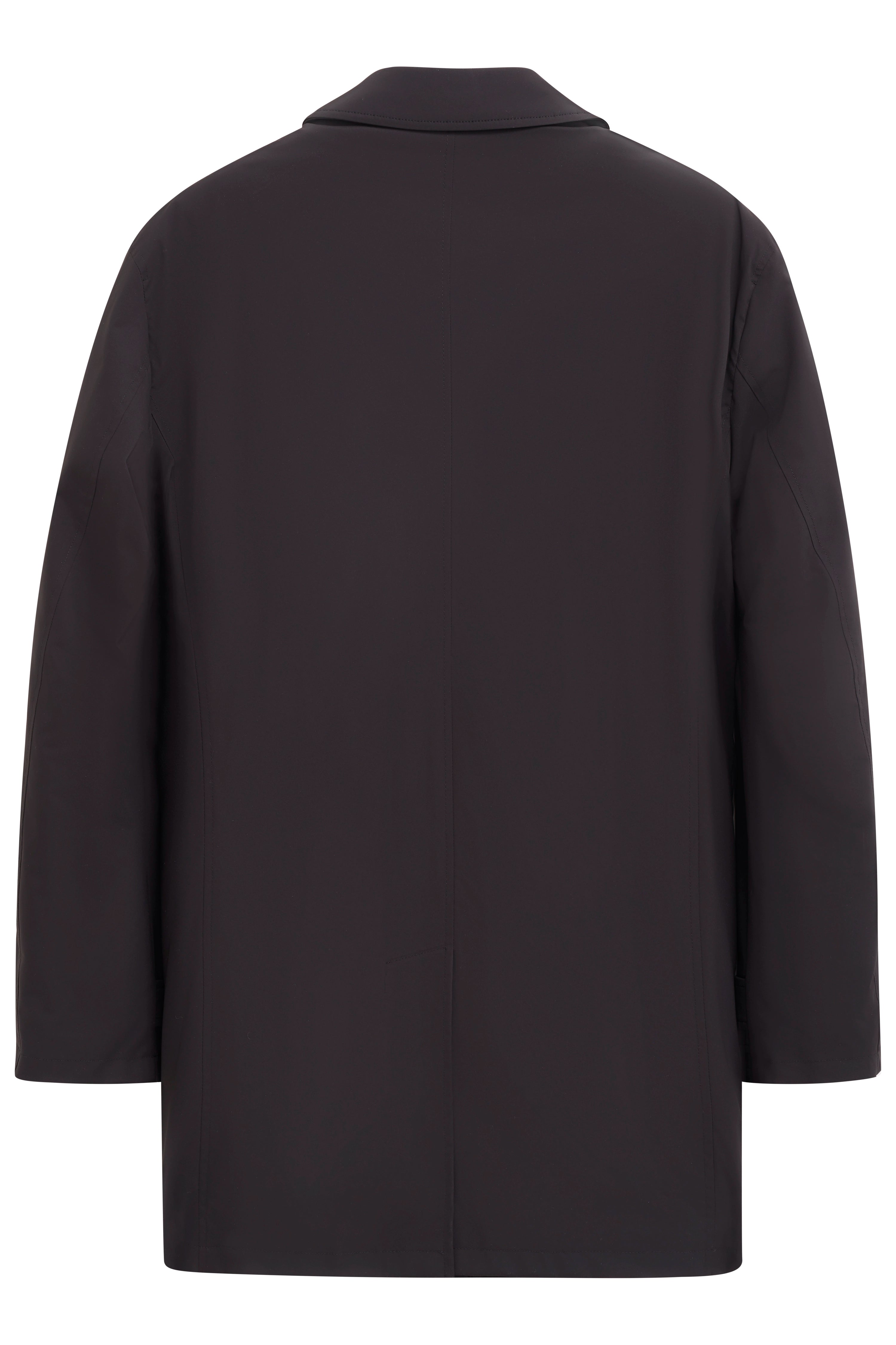 Black bugatti coat, back view, simple design, bust shot.