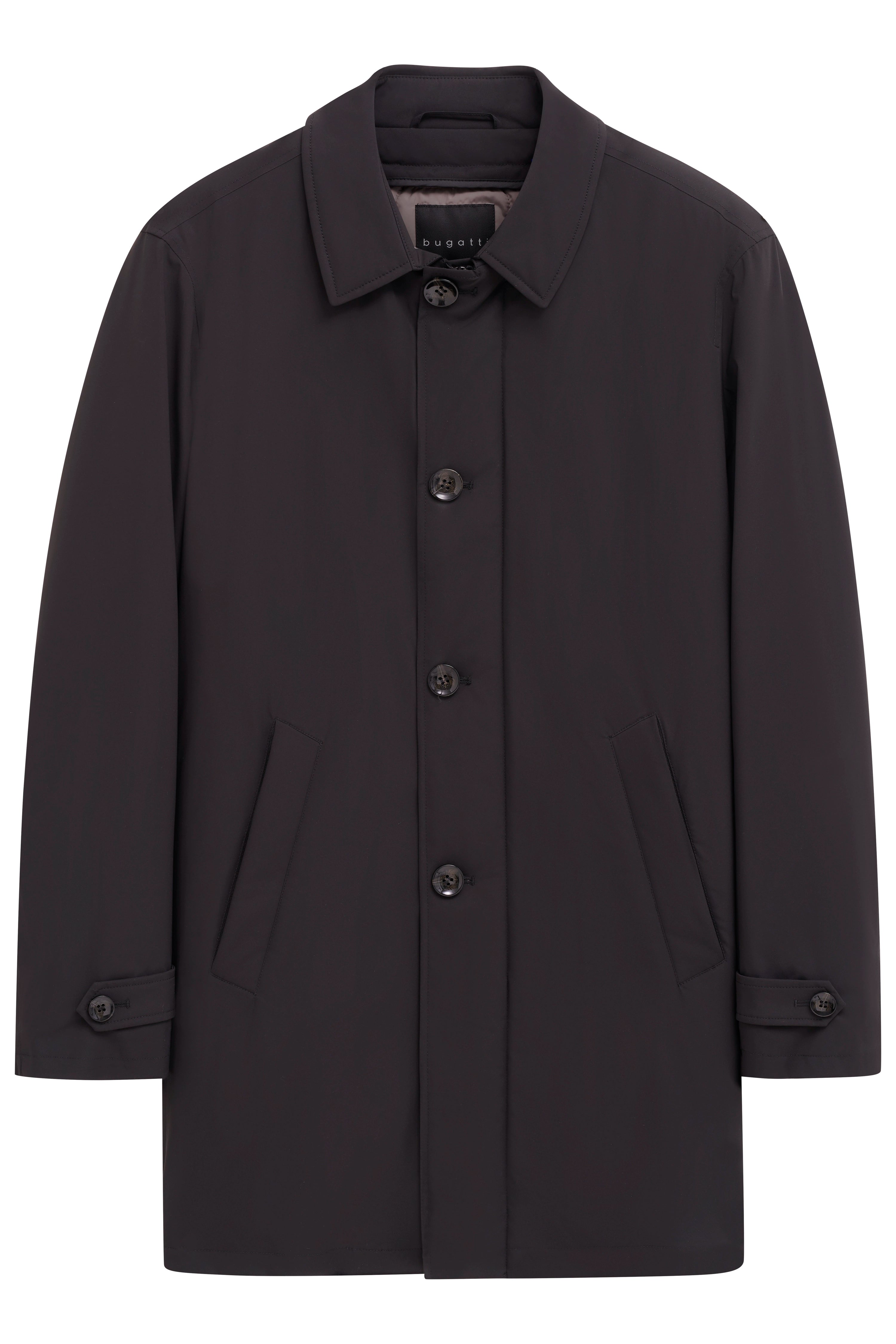 Black bugatti coat, classic design, bust view.