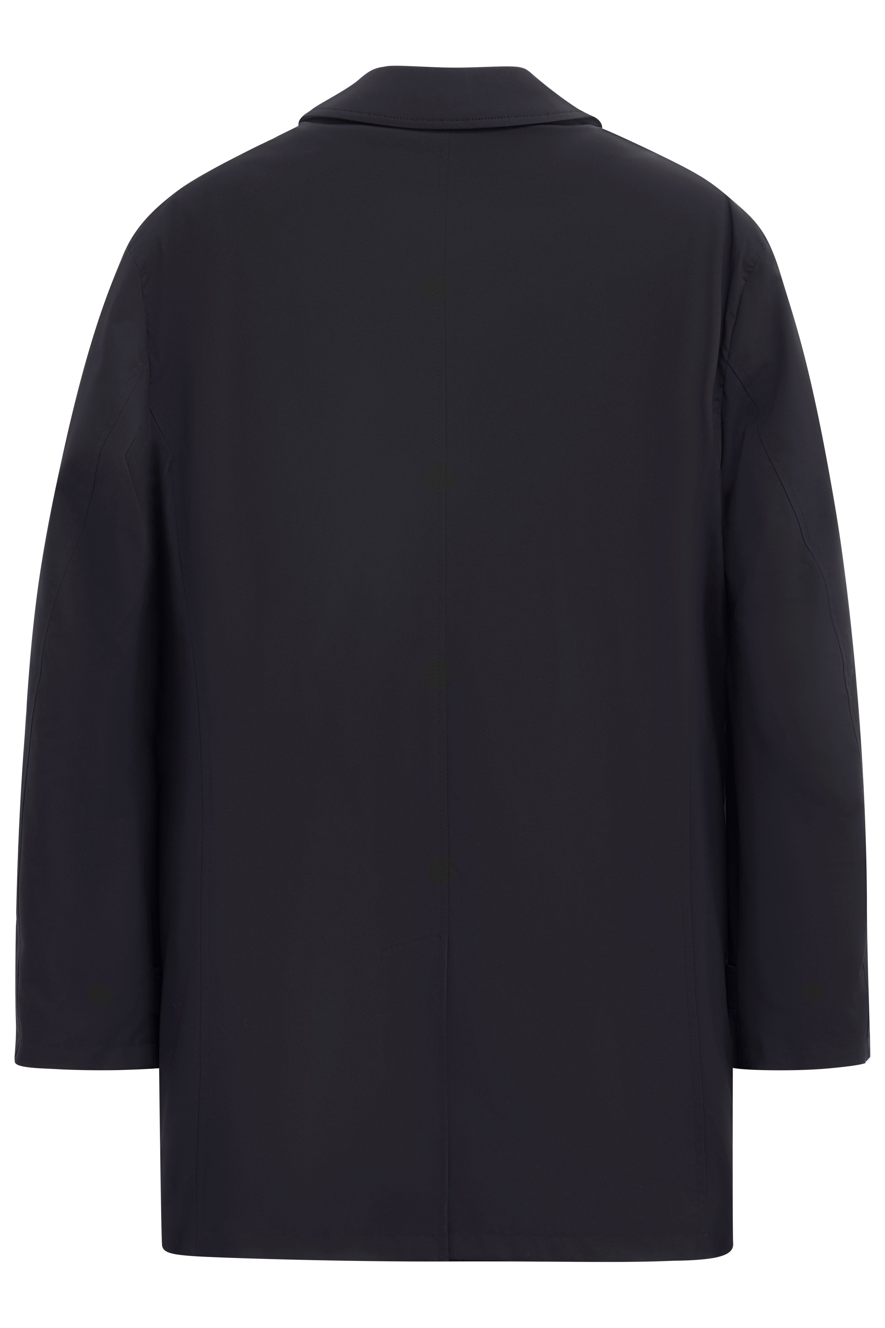 Black bugatti coat, elegant design, back view, no model.