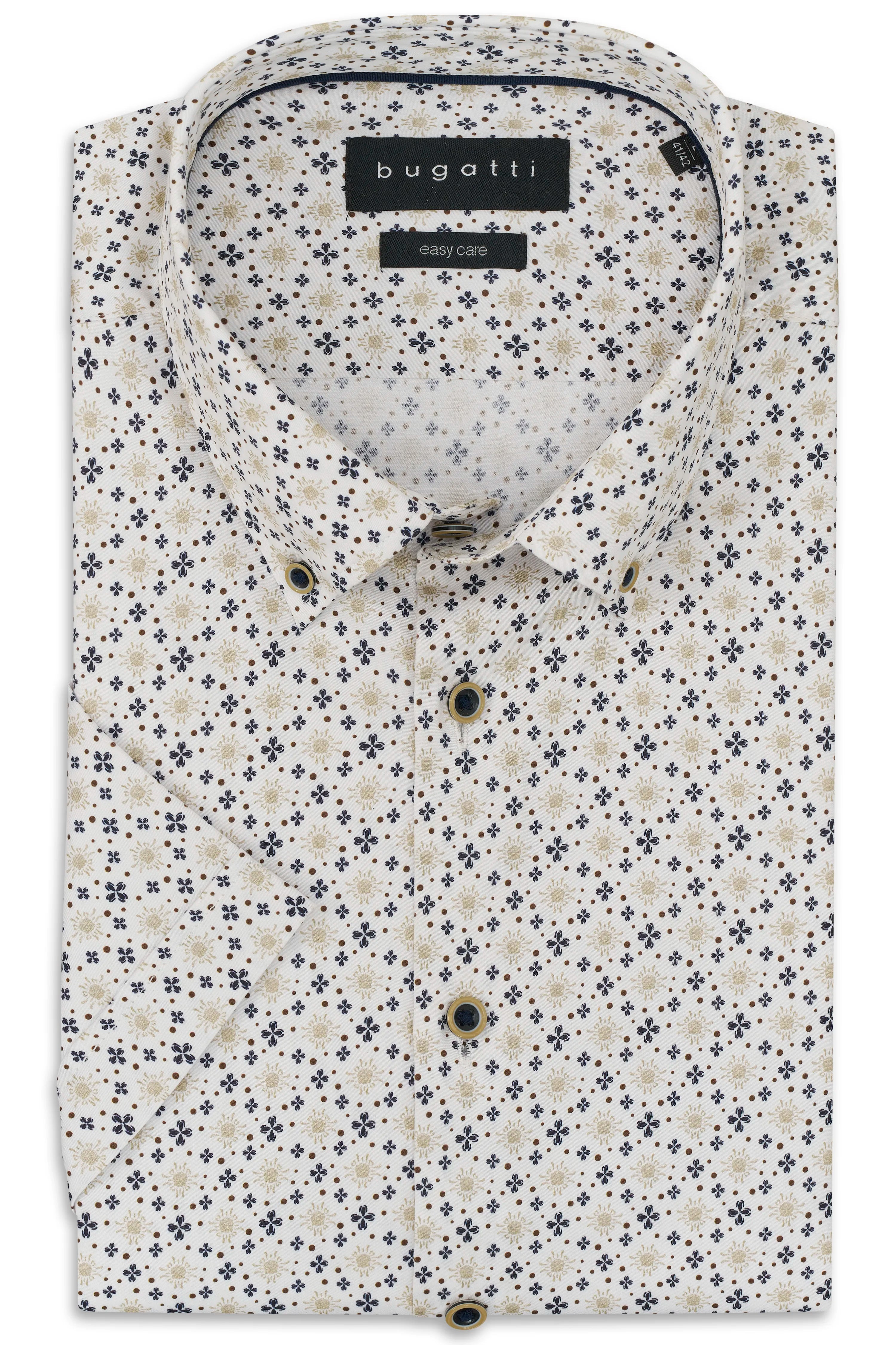 bugatti Hemd, Büstenbild, weiß mit floralem Muster in beige und blau, klassischer Kragen.