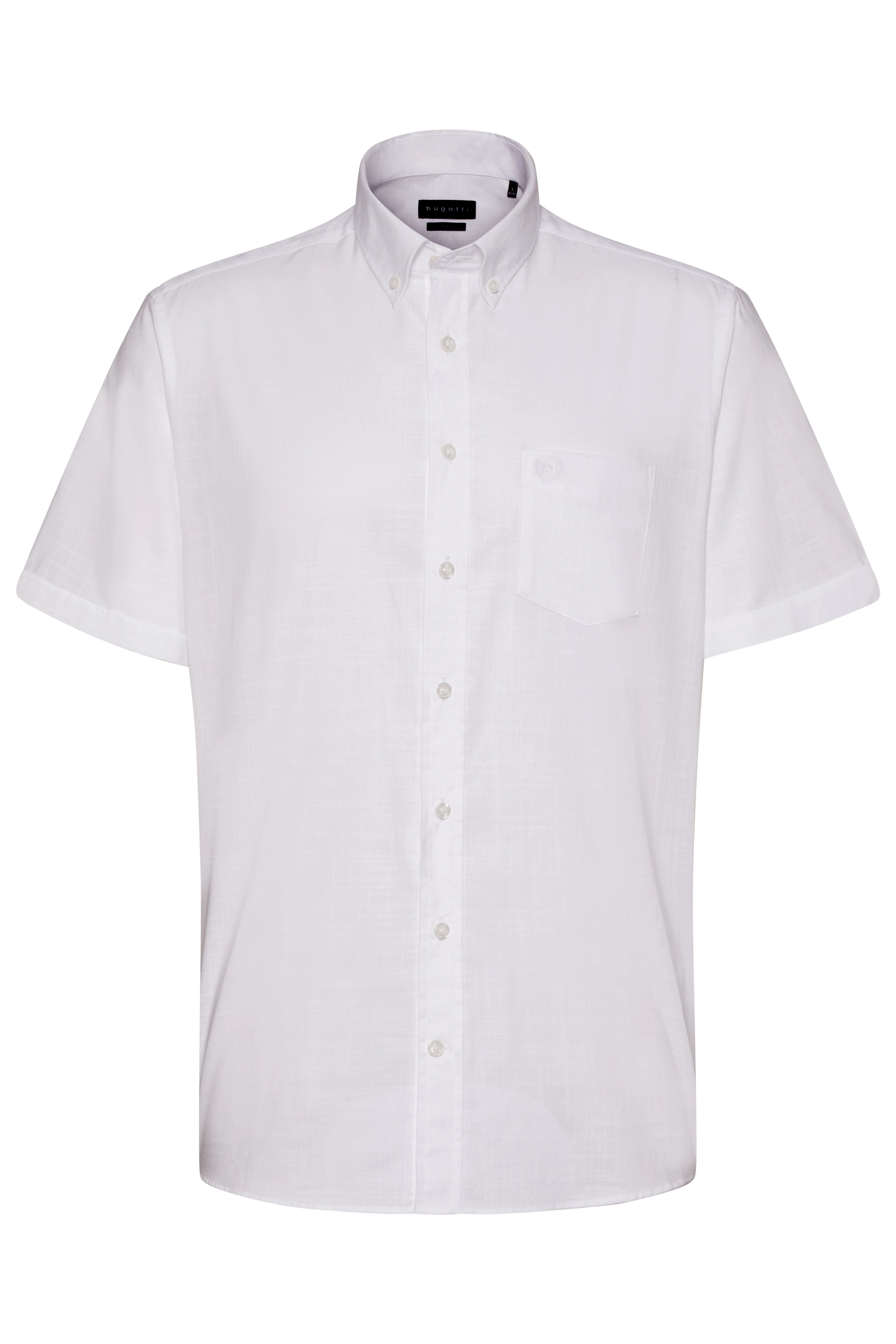 White bugatti short-sleeve shirt, bust view, classic and elegant.