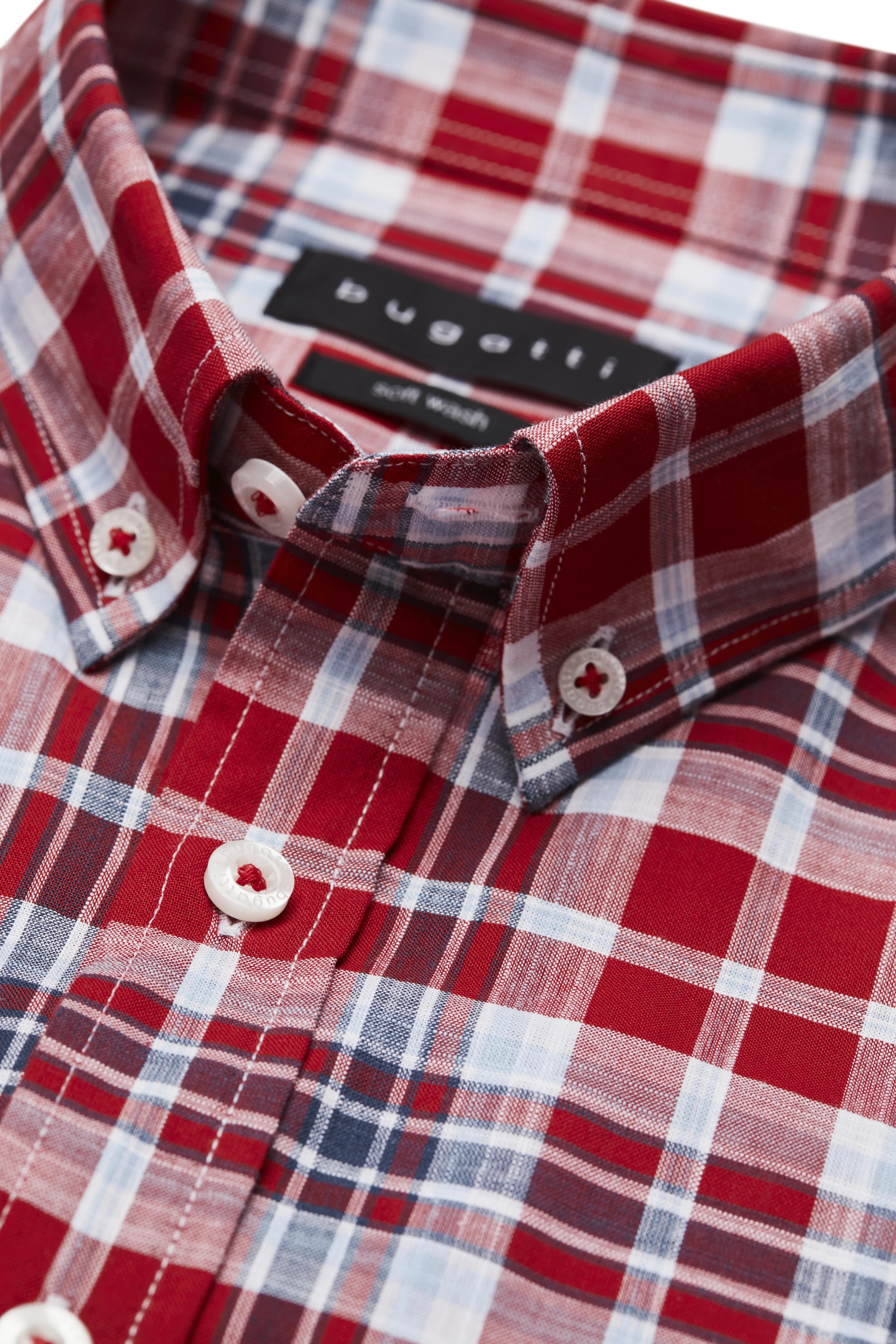 bugatti plaid shirt in red, white, and blue, close-up bust image.