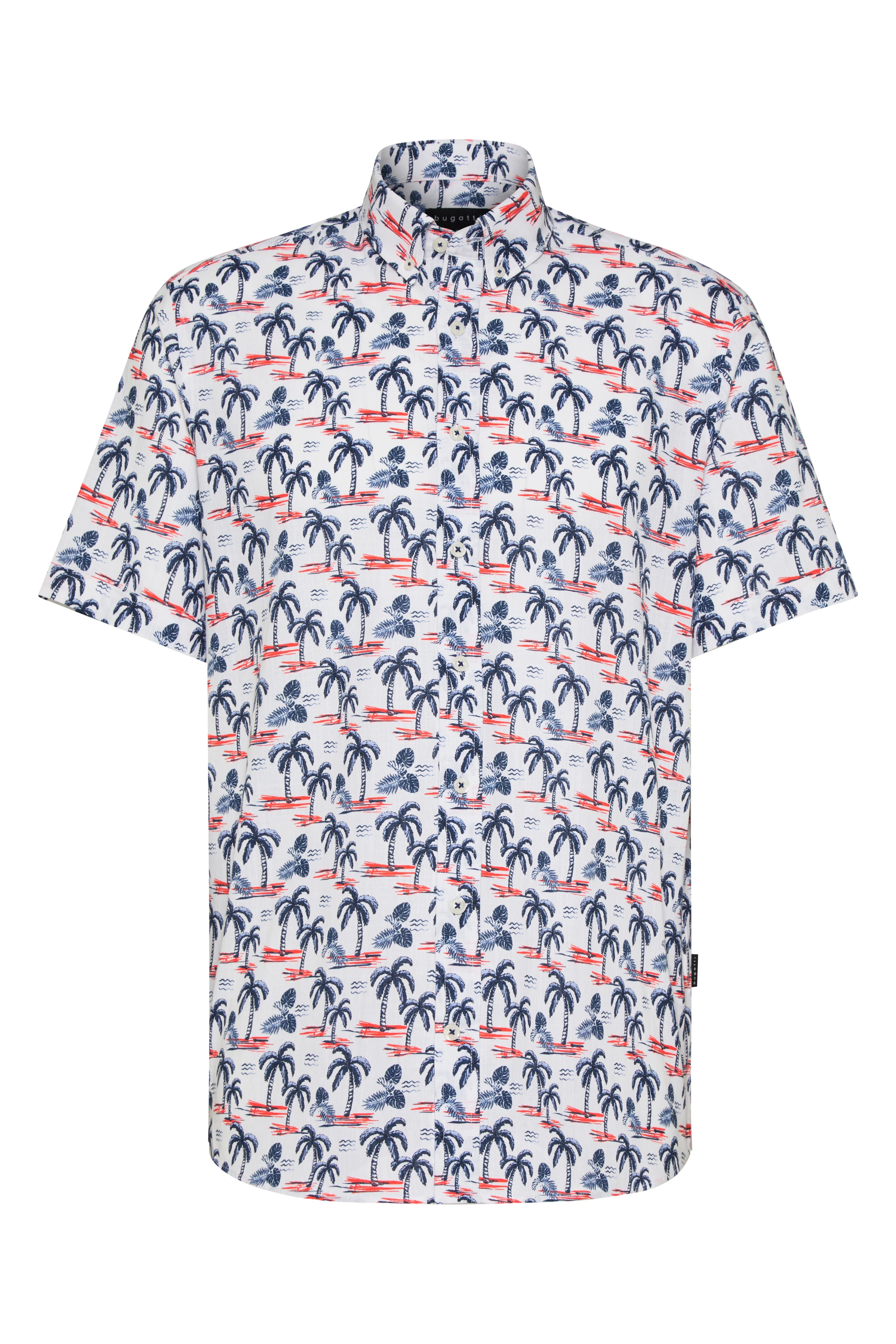 Weißes Hemd mit Palmenmuster in Blau und Rot, Model von hinten, entspanntes Posing, bugatti Stil.