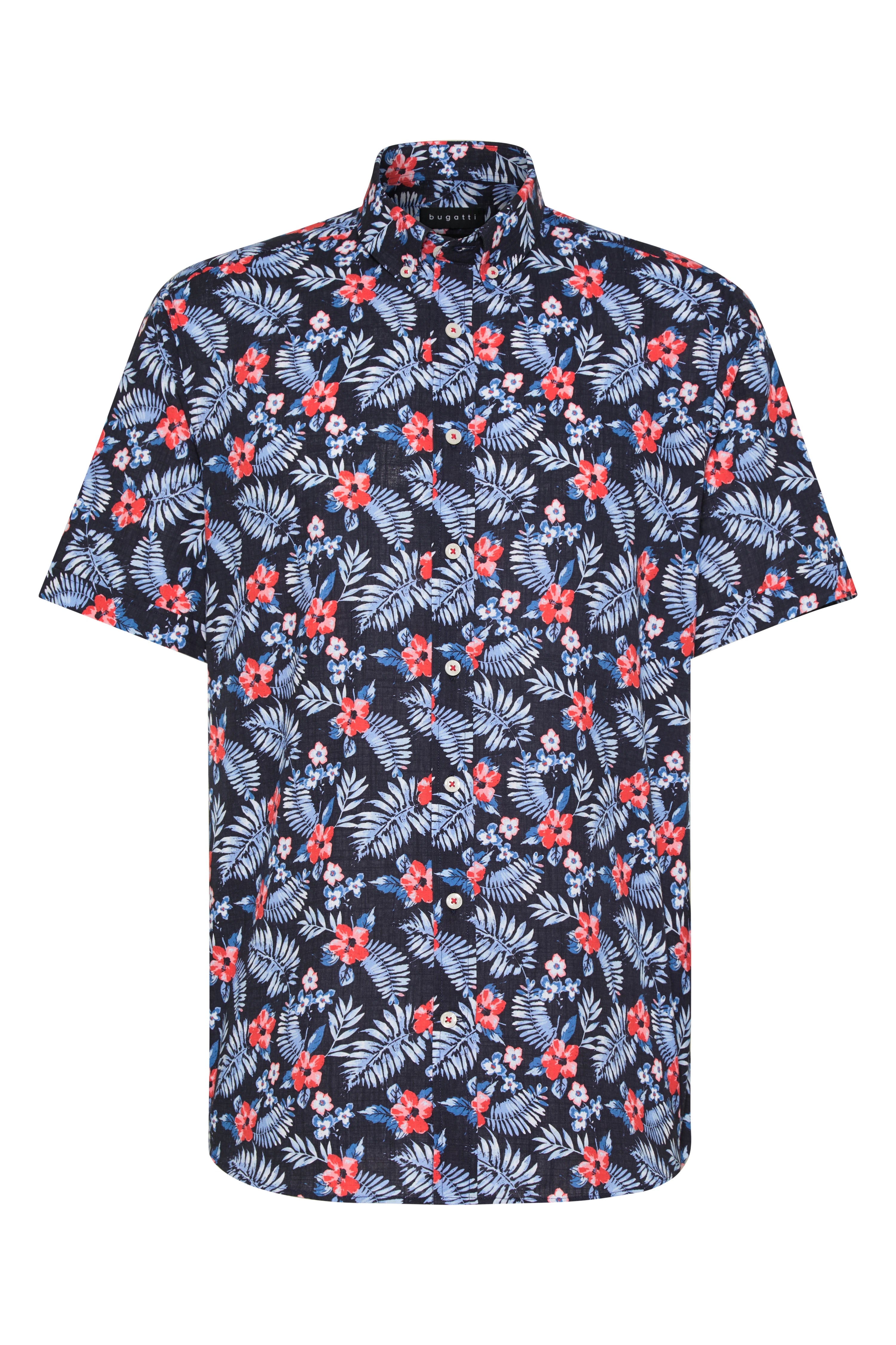 Kurzarmhemd mit floralen Mustern in Rot und Blau auf dunklem Hintergrund, Büstenbild, von bugatti.