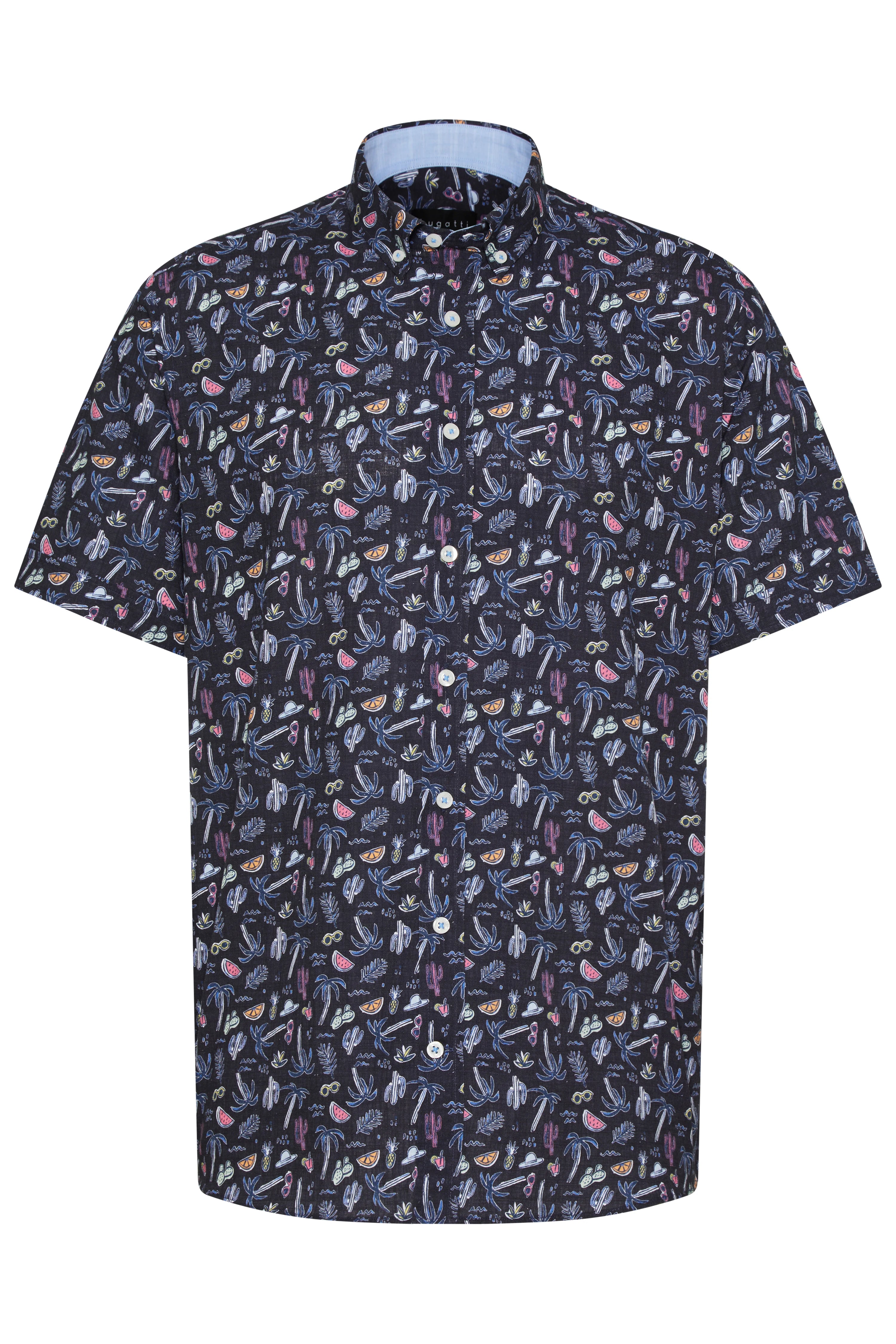 Short-sleeve shirt with colorful pattern on dark background, bust view.