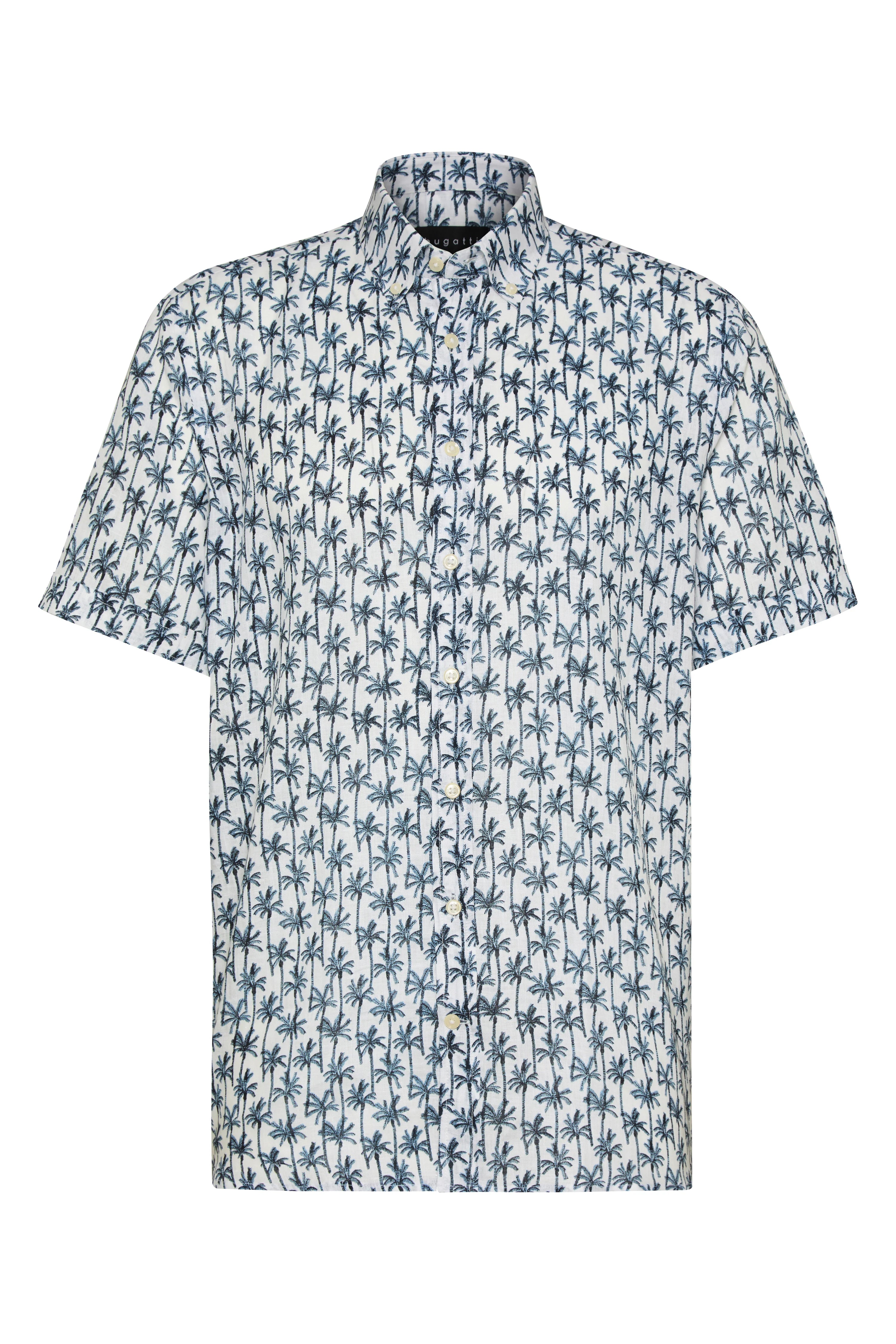 Short-sleeve shirt with blue palm pattern on white, bust image, bugatti style and quality.