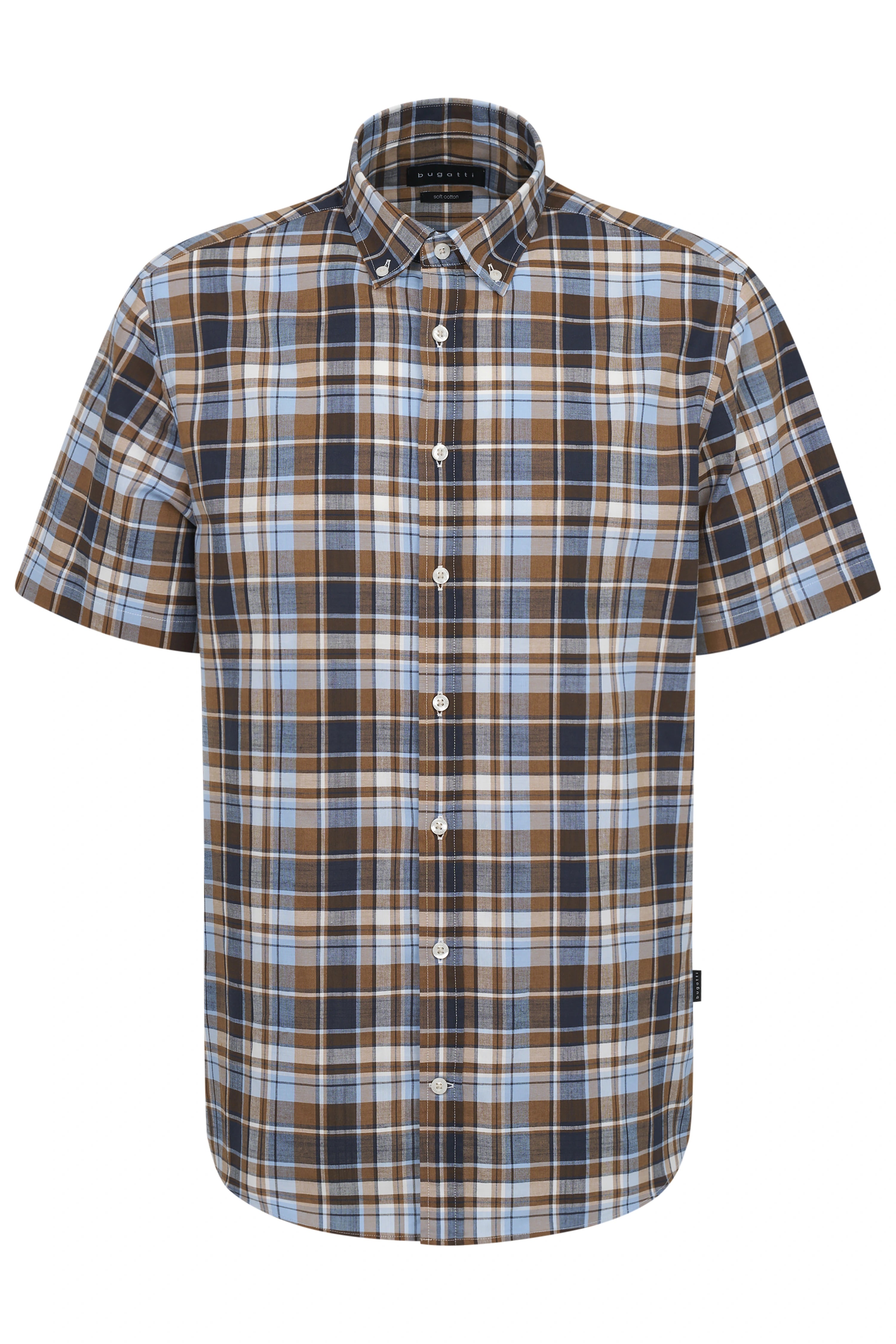 Kortemouwen overhemd van bugatti in bruin-blauw geruit, borstbeeld, button-down kraag, tijdloze stijl.