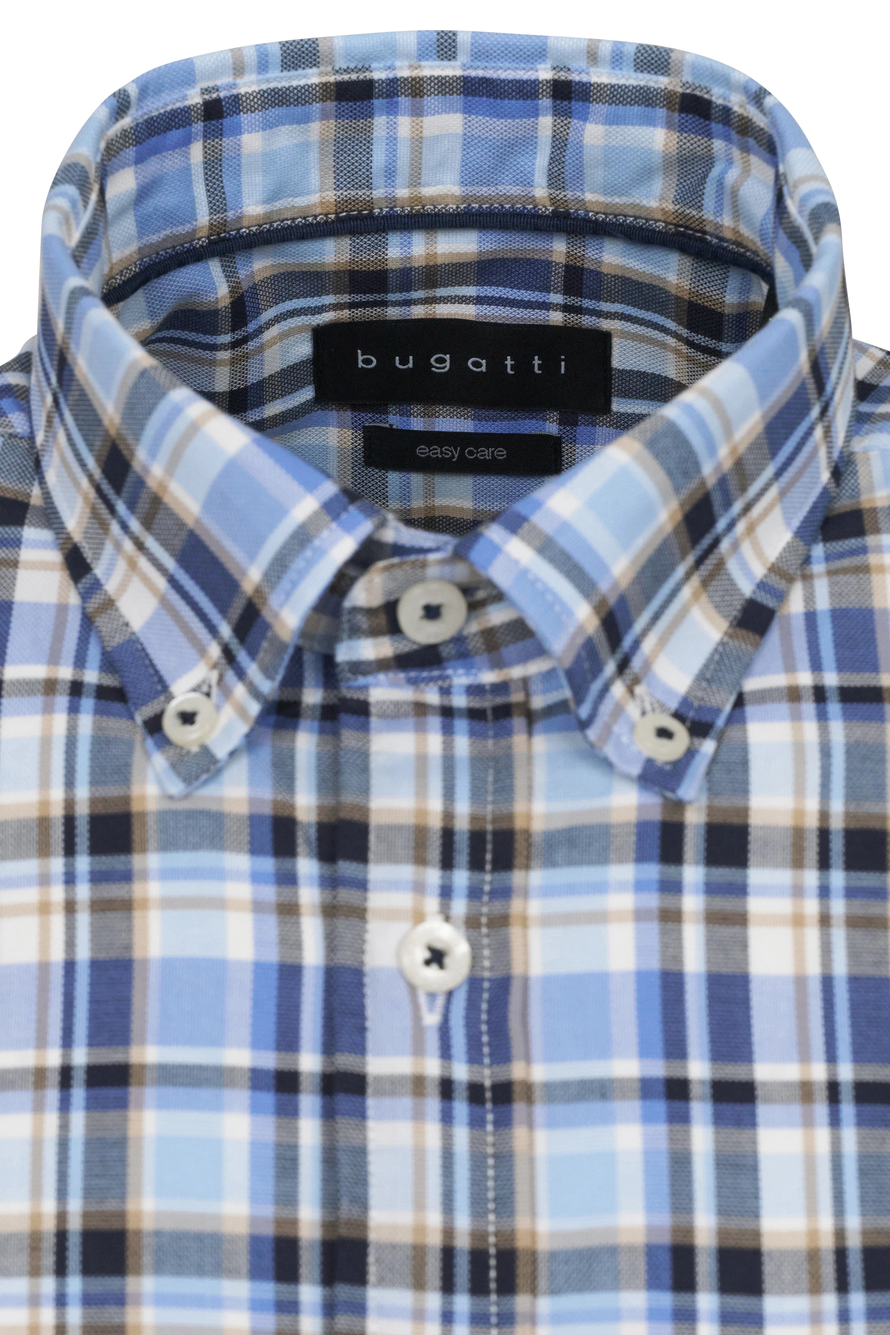 Geruit bugatti overhemd in blauw en bruin, buste, klassieke elegantie en hoogwaardige afwerking.
