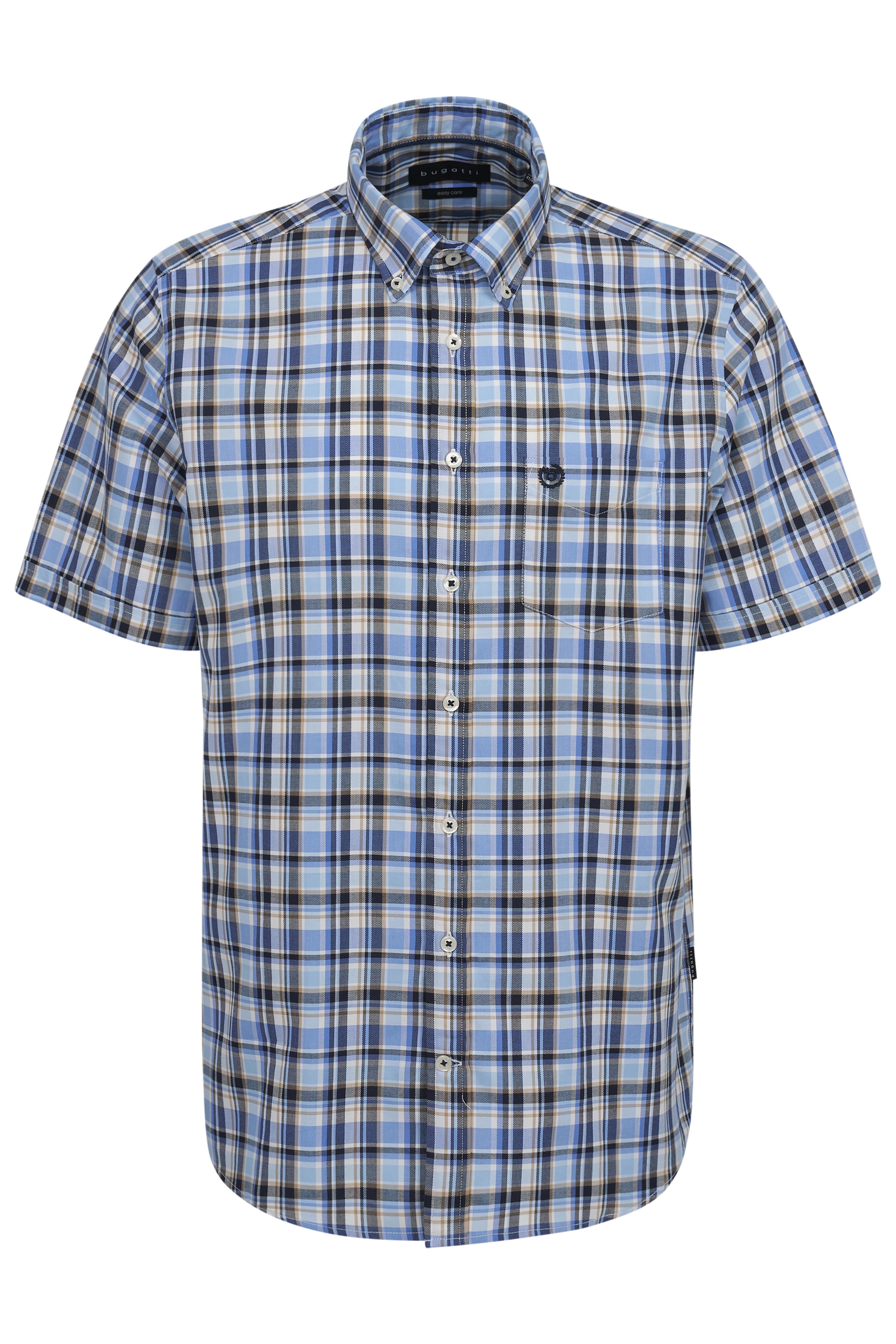Kurzarmhemd von bugatti in Blau-Braun-Karo-Muster, Büstenbild.