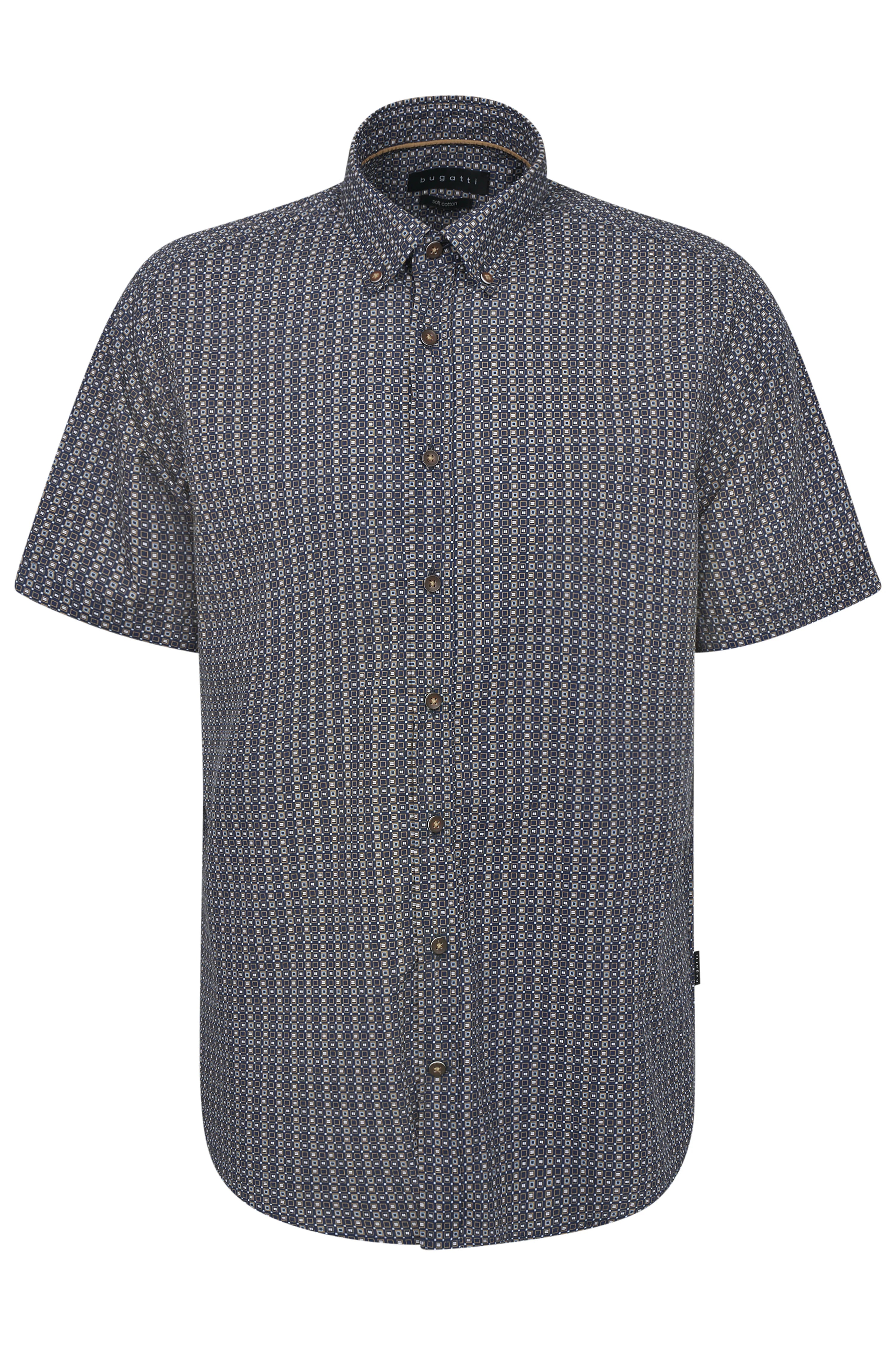 Kortemouwen shirt met geometrisch patroon in blauw en wit, busteweergave, bugatti.