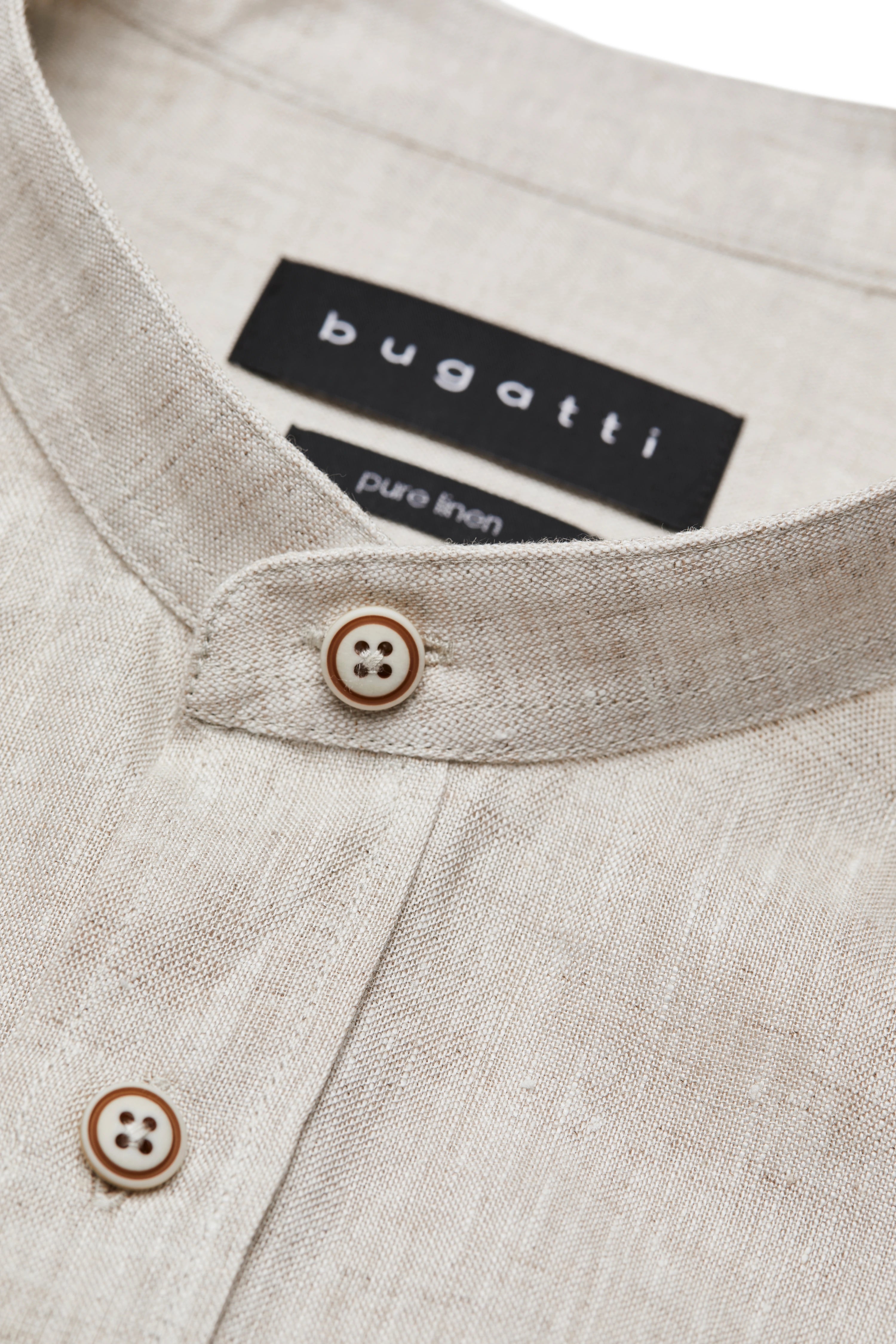 Beige bugatti linen shirt with stand-up collar, bust view, classic and timeless design.