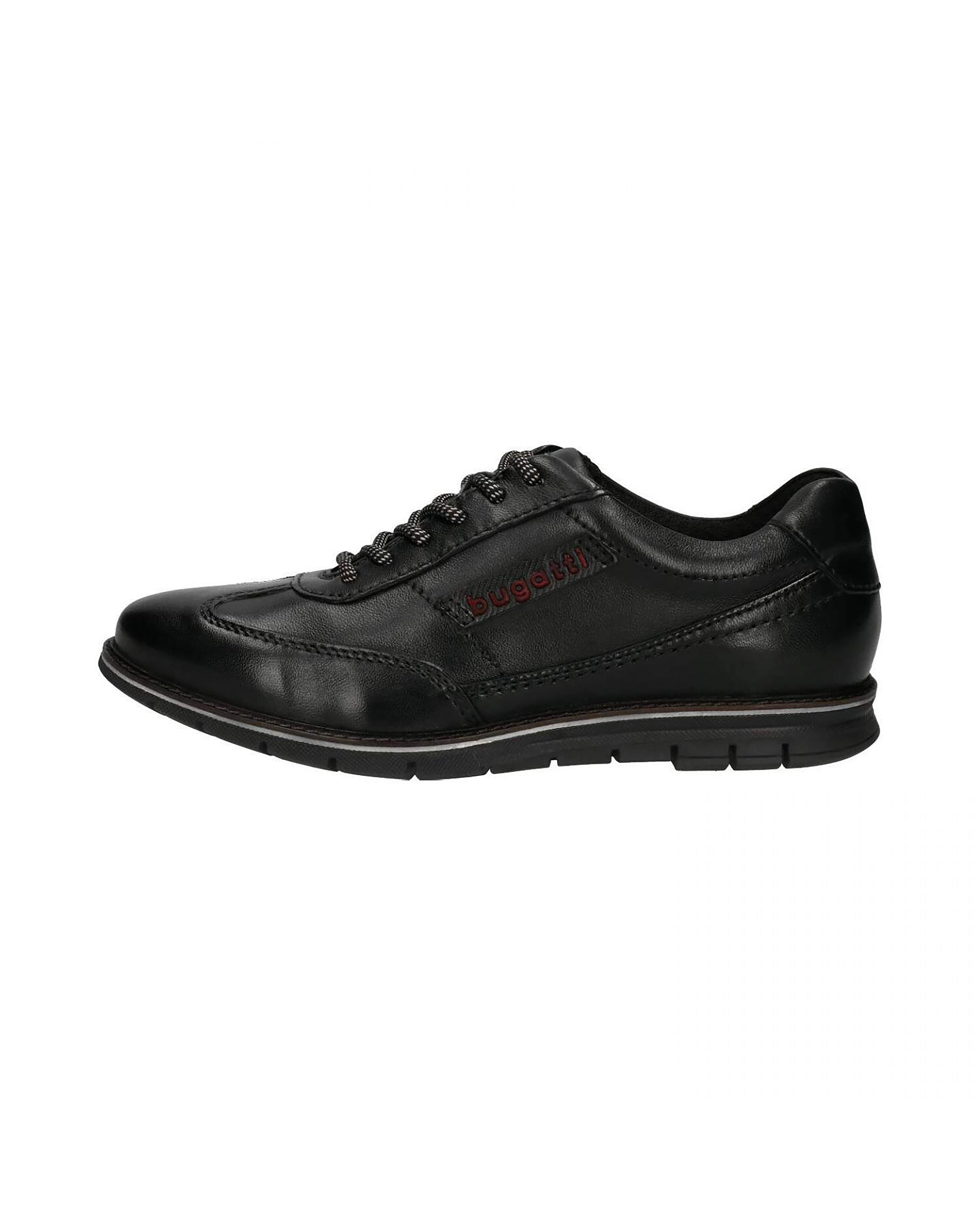 Schwarzer bugatti Sneaker aus Leder, Seitenansicht, sportlich-elegant, ideal für urbane Styles.