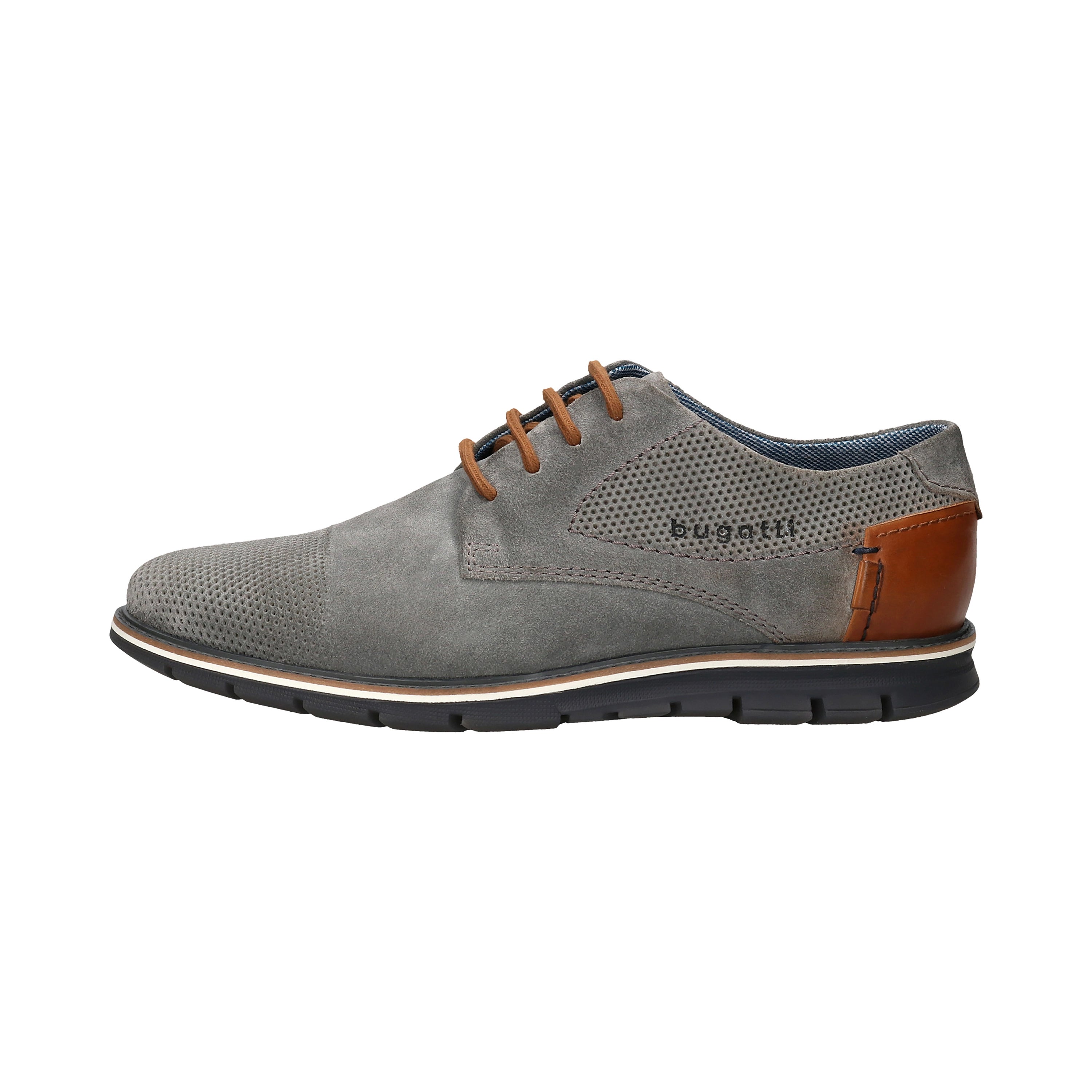 bugatti Herrenschuh, grau mit braunen Akzenten, elegante Lochmuster, Seitenansicht.