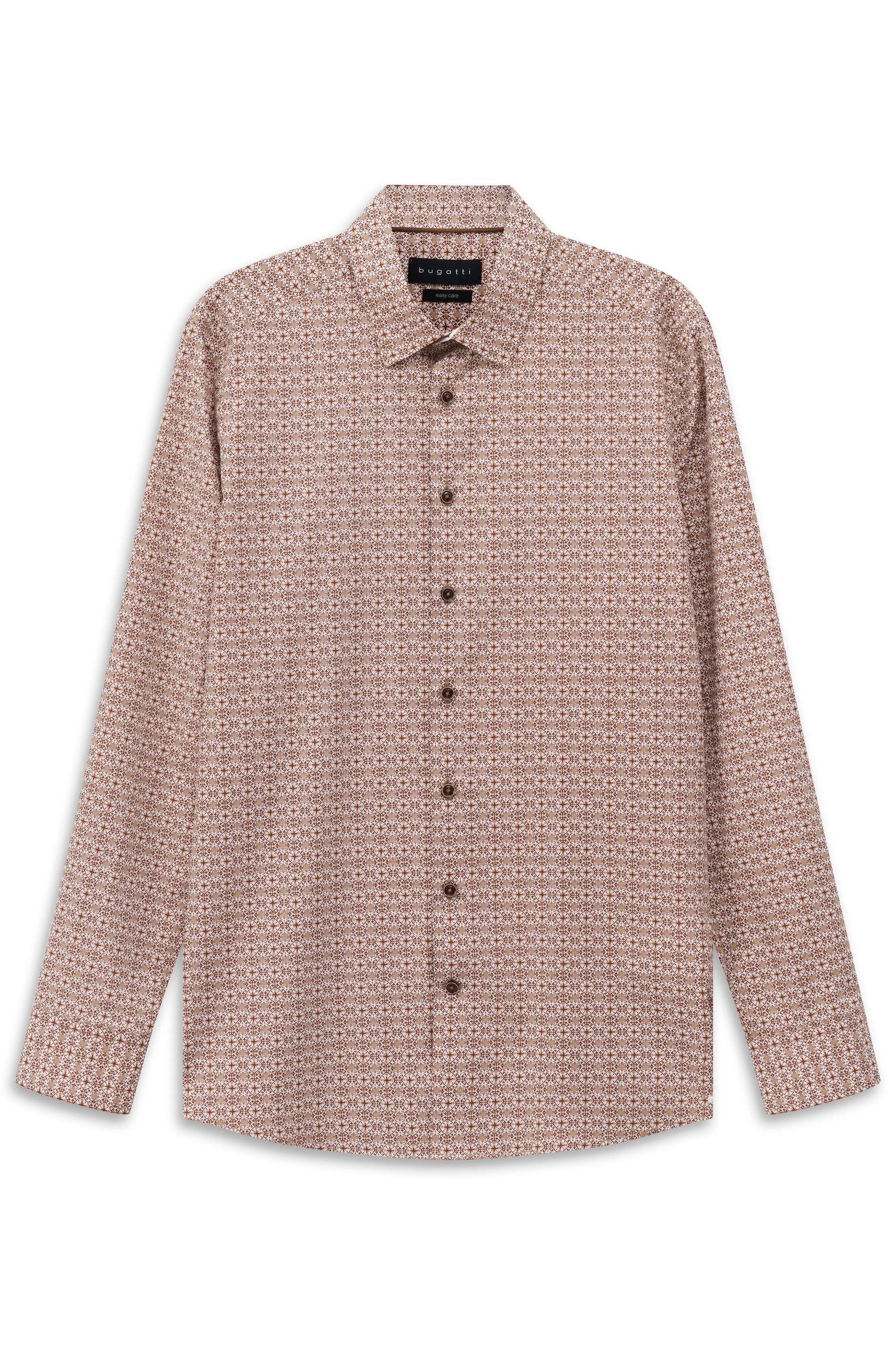 Bugatti Hemd, beige gemustert, Büstenbild, klassischer Stil, hochwertige Materialien.