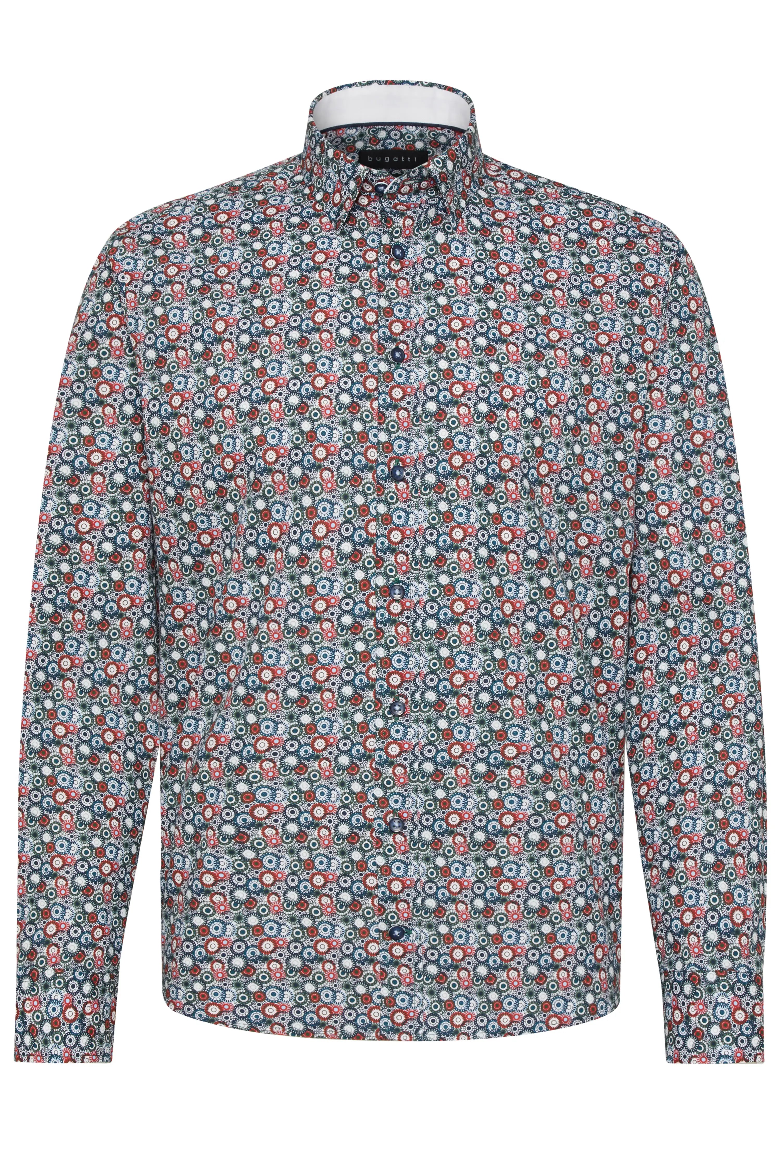 Langarmhemd von bugatti mit floralem Muster in Blau, Rot und Weiß. Büstenbild ohne Model.